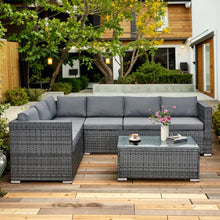 Aweather 6 Seater Rattan Corner Sofa Set Rattan Garden Furniture Set All-Weather PE Rattan Wicker Patio Conversation Set with Modern Glass Coffee Table and Washable Cushions (Gray)