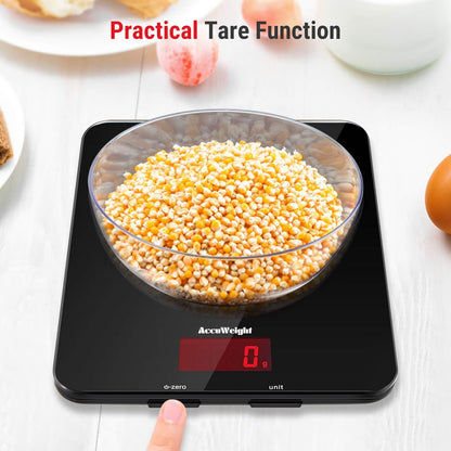 ACCUWEIGHT 201 Digital Kitchen Scales with Tempered Glass Platform (Batteries included), Electronic Weighing Food Scale with Backlit LCD, Multifunction for Office School Home Baking Cooking, 5kg/11lb