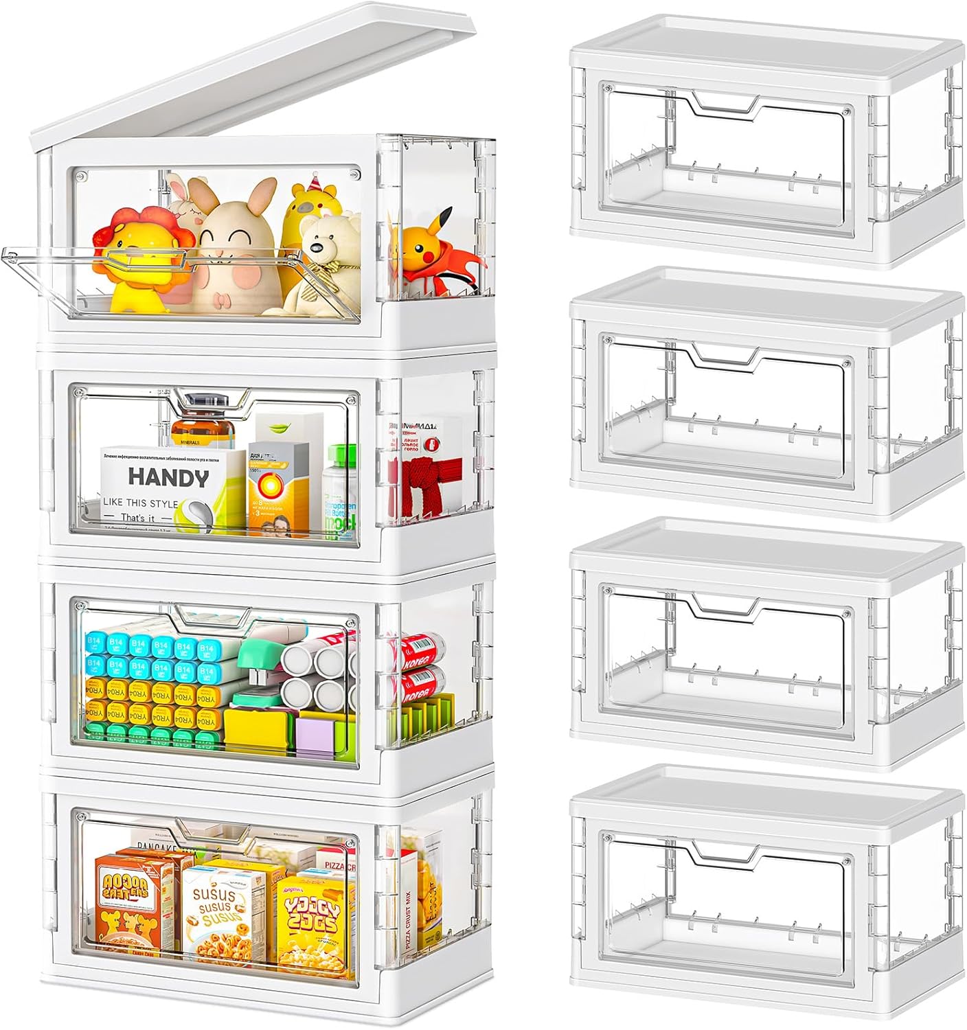 【Latest Model】 4 Pack Mini Stackable Storage Boxes with Lid Multifunctional & Foldable Storage Box for Crafts, Snacks, Stationery and Desk Supplies, Ideal for Desk Organiser Clear Organizer Boxes
