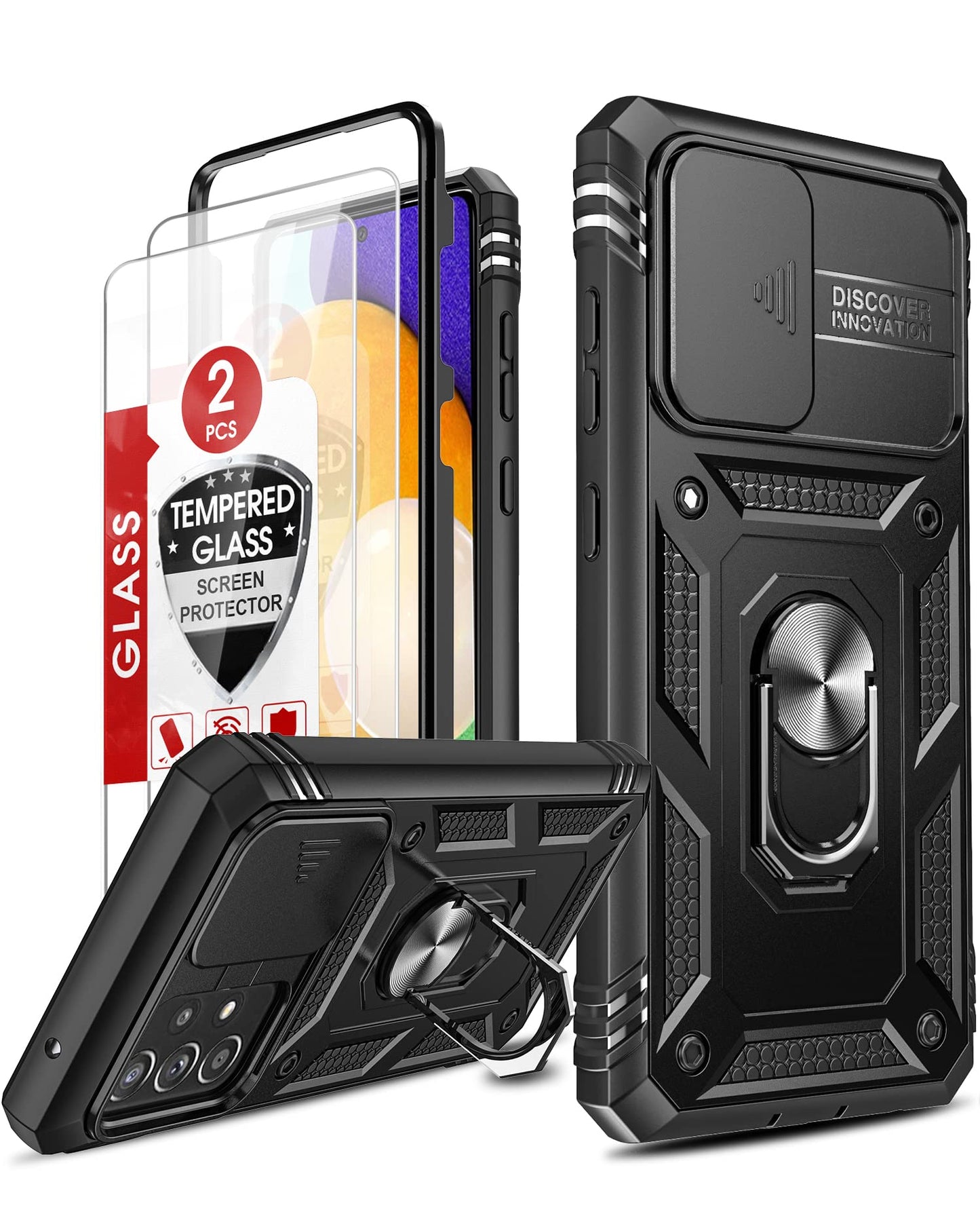 LeYi for Samsung Galaxy A32 5G Case with Slide Camera Cover and 2 Tempered Glass Screen Protector,Ring Holder Full Body Protective Heavy Duty Shockproof Silicone Tough Hard Armour Phone Cover, Black
