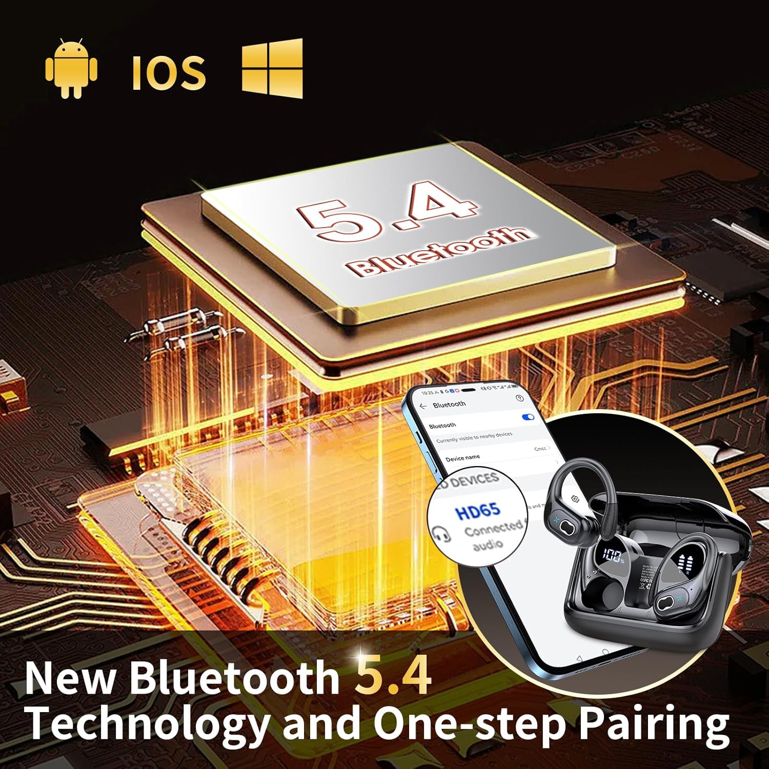 Wireless Earbuds, 75H Bluetooth 5.4 Headphones Sport with 4 ENC Noise Cancelling Mic, HiFi Stereo Wireless Earphones with Earhooks, IP7 Waterproof Ear Buds for Sport/Running/Gym, Black