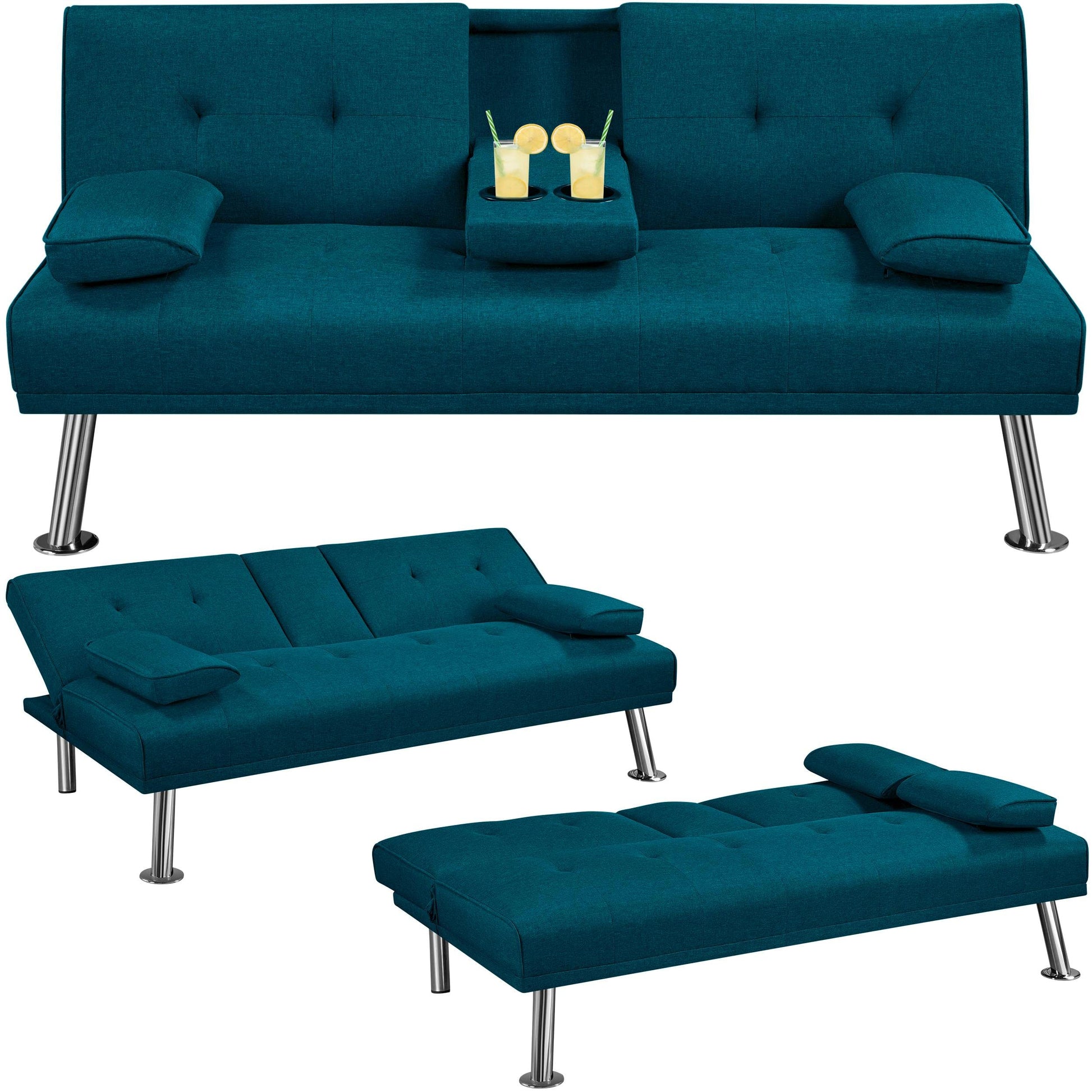 Yaheetech Sofa Bed Fabric Click Clack Sofa Bed with 2 Cup Holders, Convertible Futon Settee, Futon Recliner Lounge for Living Room, Spare Room, Bedroom, Black