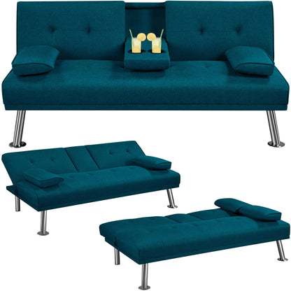 Yaheetech Sofa Bed Fabric Click Clack Sofa Bed with 2 Cup Holders, Convertible Futon Settee, Futon Recliner Lounge for Living Room, Spare Room, Bedroom, Black