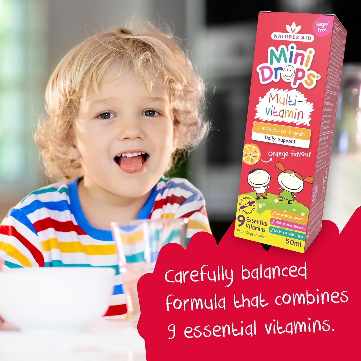Natures Aid Mini Drops Multi-Vitamin for Babies & Kids 50ml – 9 Essential Vitamins Support Growth & Immune Health for Children Age 0-5 Years Old – Sugar Free Vegan Non-GMO Gluten-Free Dropper Included