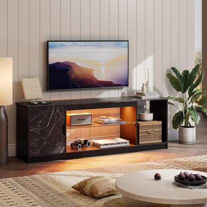 Bestier 145 CM LED TV Stand for 55/60 / 65 Inch TVs Gaming Entertainment Center with Cabinet for PS5 Modern TV Cabinet with Adjustable Glass Shelves for Living Room Bedroom