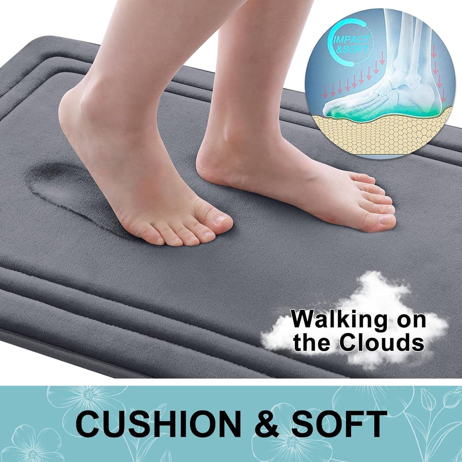 smiry Memory Foam Bath Mat - 40 x 60cm, Non-Slip, Super Absorbent, Comfortable - Machine-Washable Floor Rug, Dark Grey