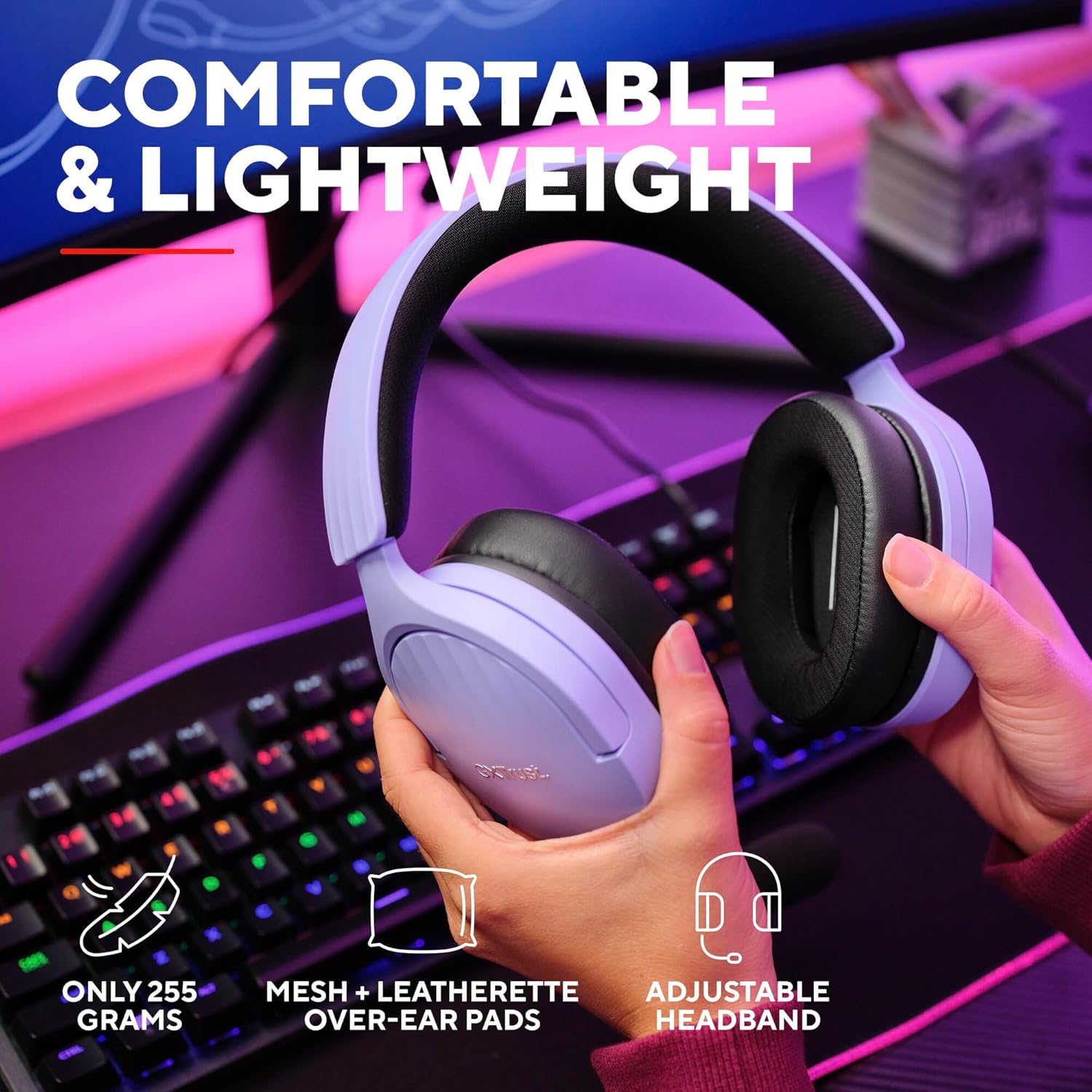Trust Gaming GXT 489 Fayzo Gaming Headset for PC, PS5, PS4, Xbox Series X|S, Switch, Mobile, 3.5 mm Jack, 35% Recycled Plastics, Over-Ear Wired Headphones with Noise Cancelling Microphone - Purple