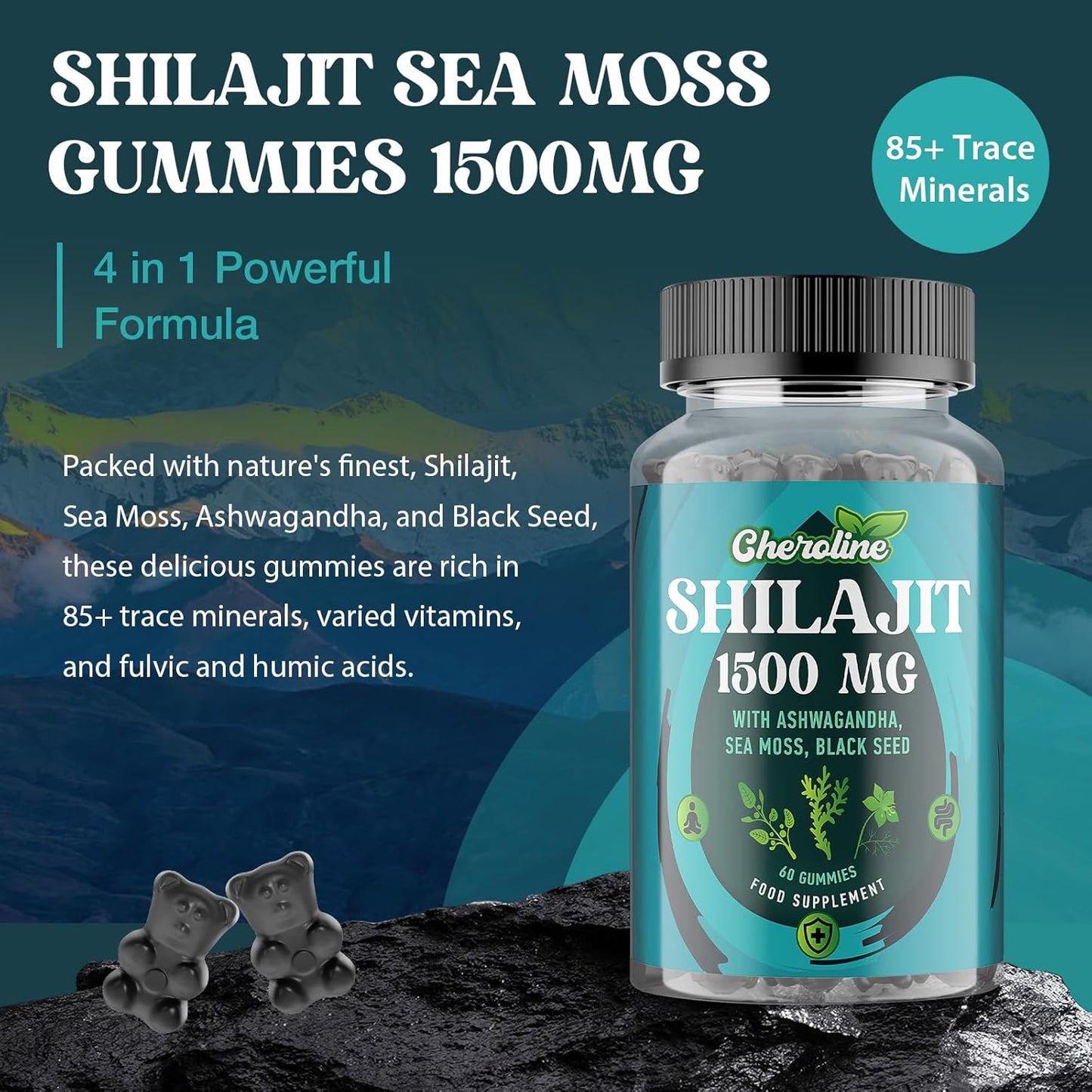 Shilajit Sea Moss and Ashwagandha Gummies 1500mg Per Serving, Enriched with 60% Fulvic Acid & 85+ Trace Minerals, High Strength Complex for Energy, More Convenient Than Resin (60 Count (Pack of 1))