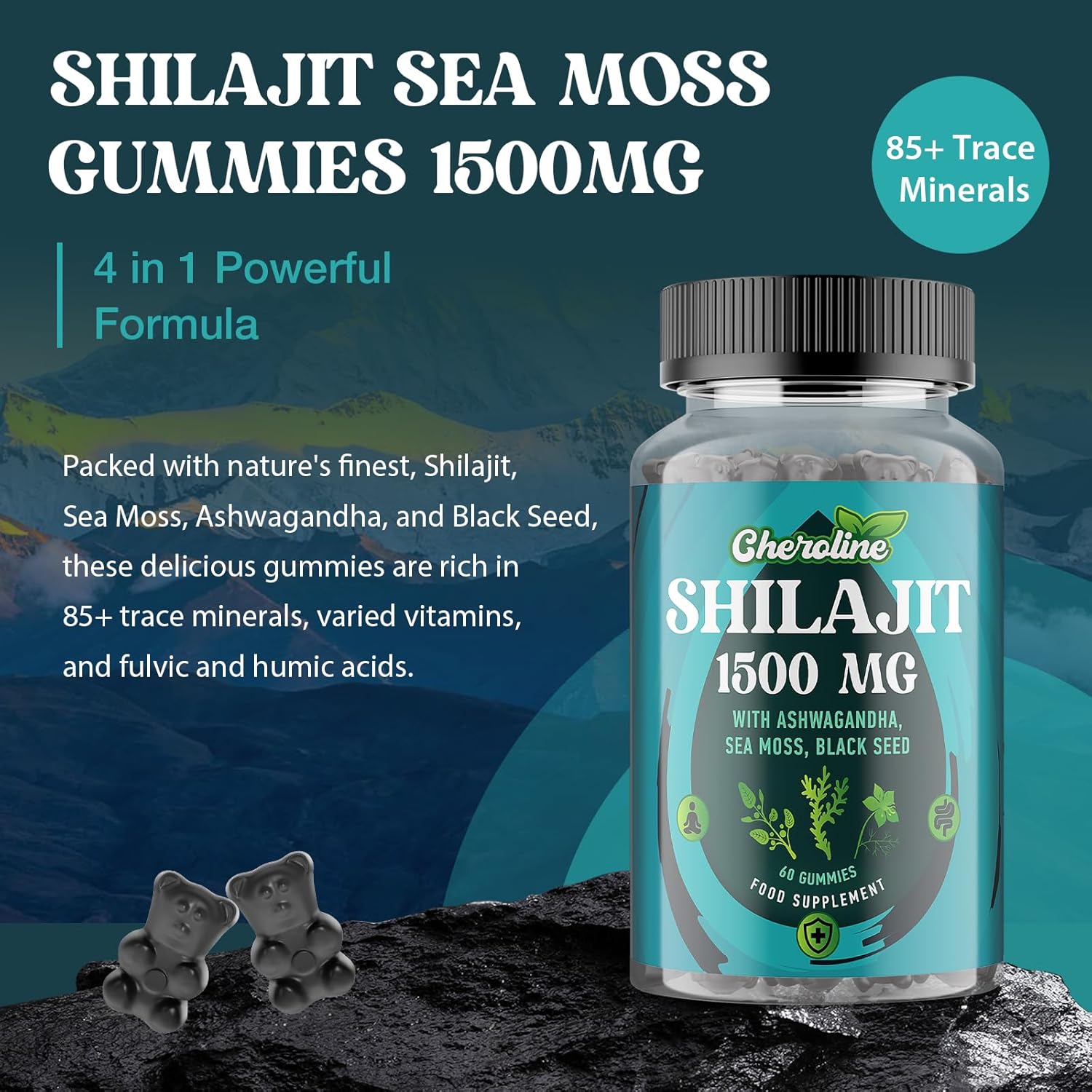 Shilajit Sea Moss and Ashwagandha Gummies 1500mg Per Serving, Enriched with 60% Fulvic Acid & 85+ Trace Minerals, High Strength Complex for Energy, More Convenient Than Resin (60 Count (Pack of 1))