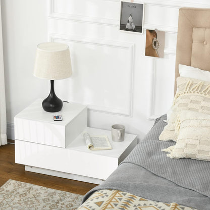 HOMCOM Bedside Table with LED Light, Nightstand with 2 Drawers and High Gloss Front, USB Powered Side Table with Remote for Bedroom, Living Room, White