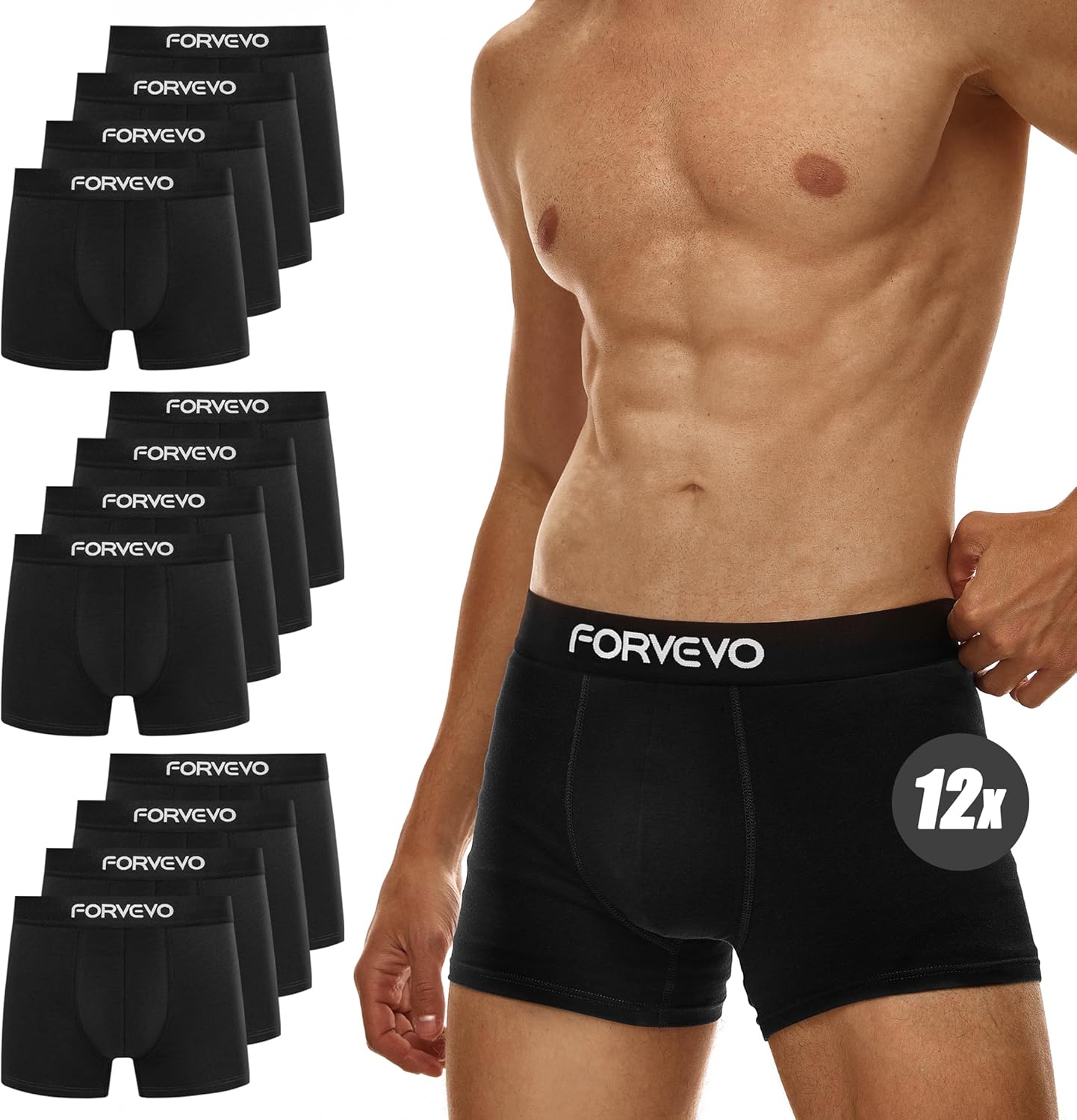 FORVEVO Mens Boxers Shorts 12 Pack, Cotton Underwear Briefs for Men, Breathable Underpants, No Itchy Labels Retro Undertrunk (M-3XL)