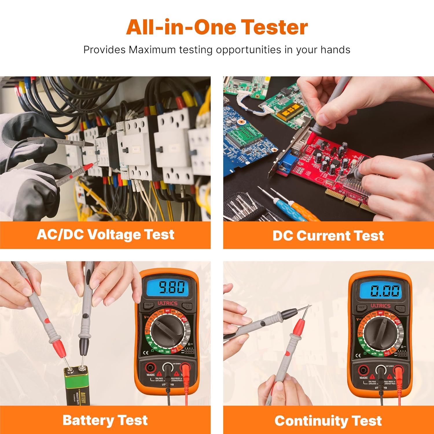 ULTRICS Digital Multimeter, Voltmeter Ammeter Ohmmeter Circuit Checker with Backlight LCD Test Leads, Portable Multi Tester Measures OHM AC DC Voltage Current Resistance Continuity Diodes Transistor