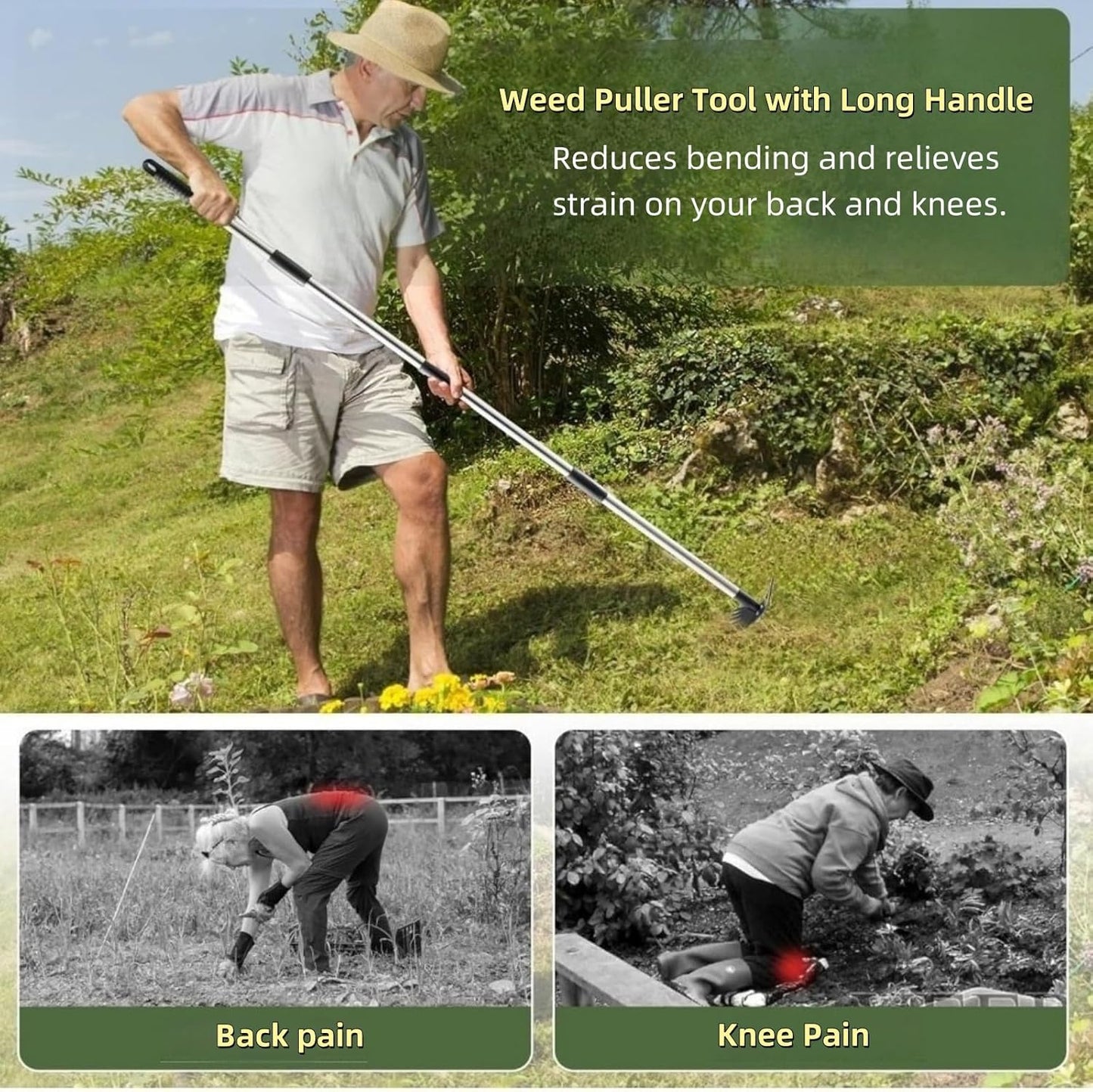 Weed Puller Tool with Long Handle, 2 in 1 Manual Weed Rake and Garden Hoe 150cm Weed Remover Gardening Tools Weeding Pull for Garden Yard Lawn Patio Kids Adluts (F)