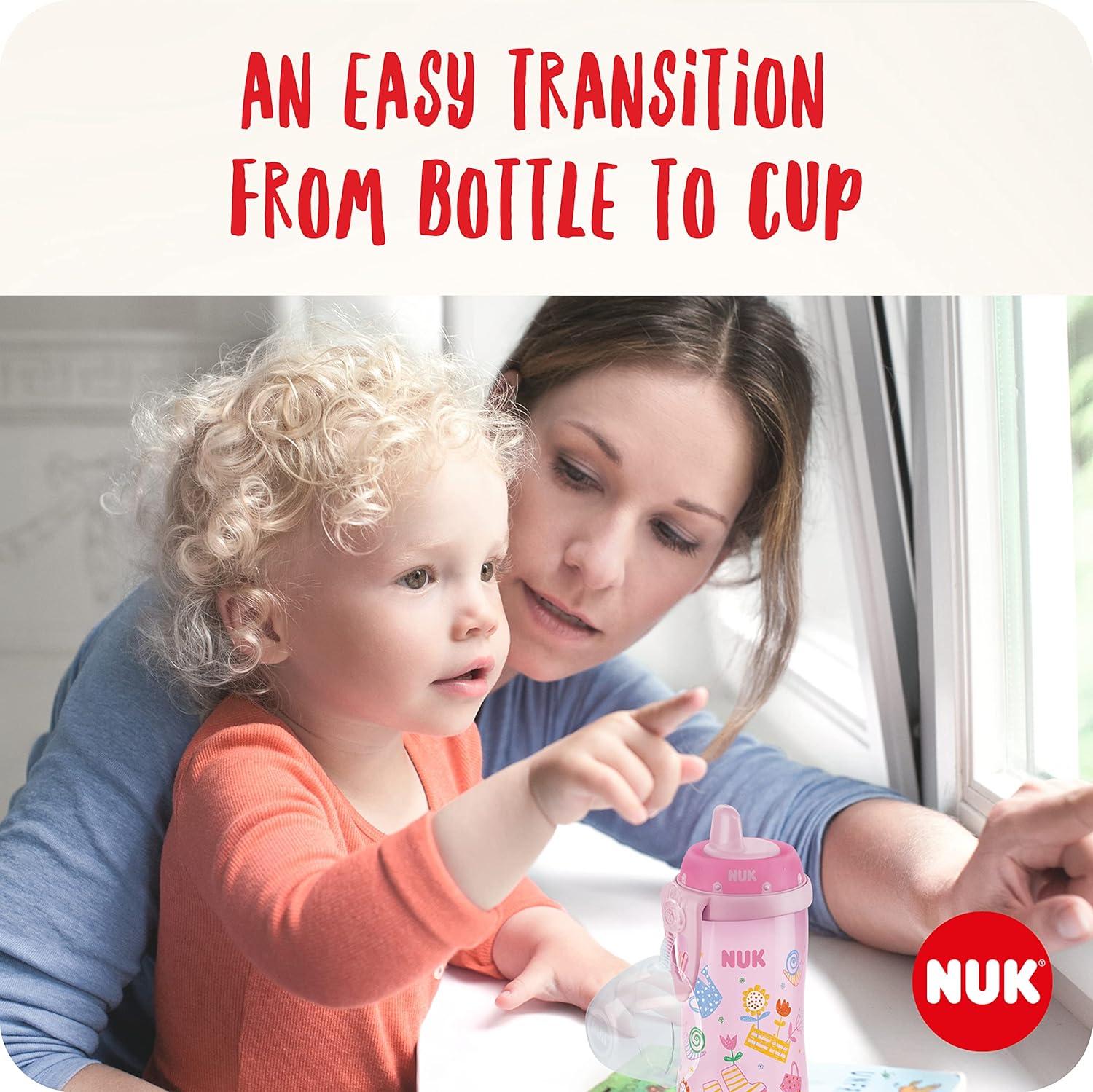 NUK Kiddy Cup Toddler Cup | 12+ Months | 300 ml | Leak-Proof Toughened Spout | Clip & Protective Cap | BPA-Free | Pink