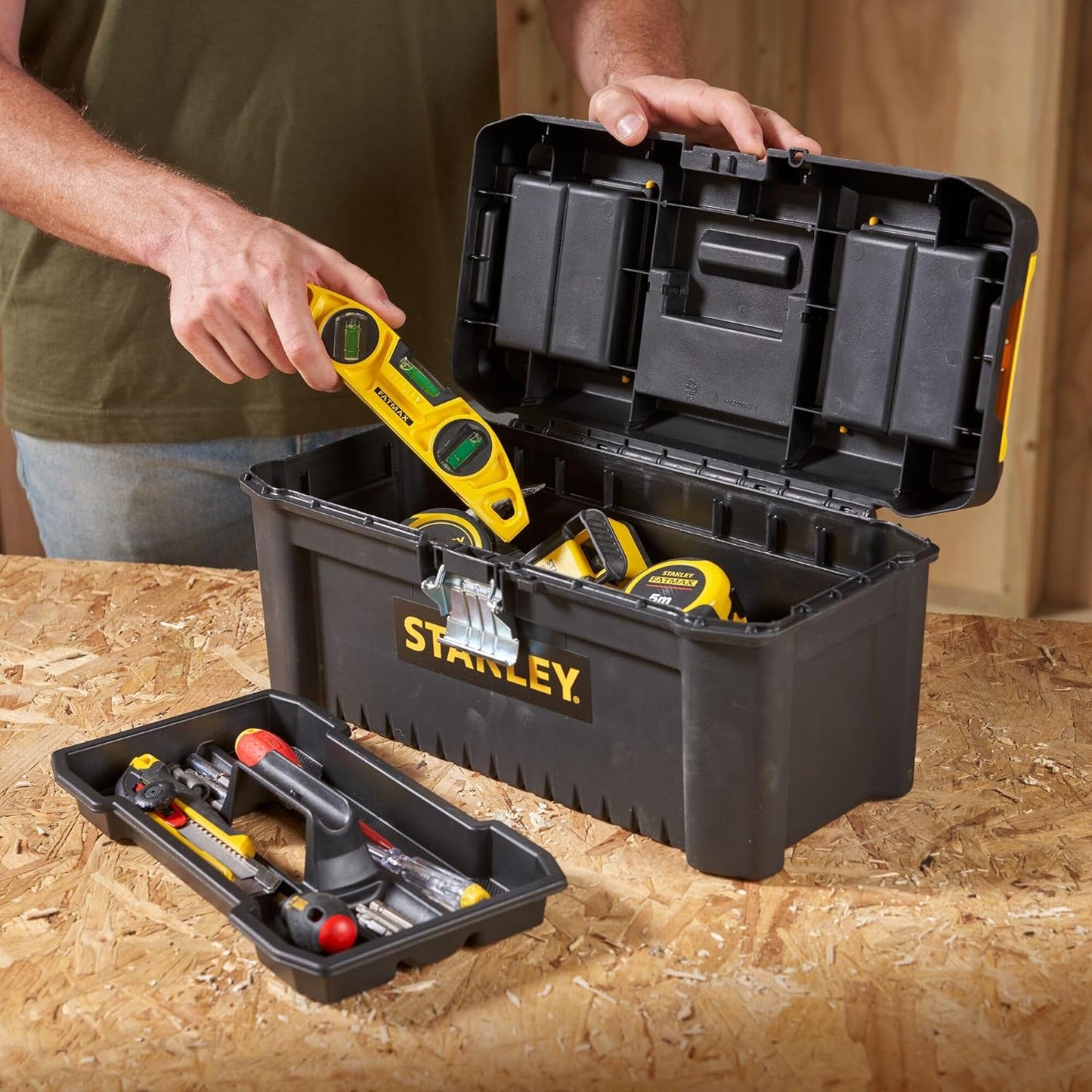 STANLEY Essential Tool Box (16in), Durable Storage Solution with Removable Tote Tray and Organisers, for Parts and Tools Storage, STST1-75518