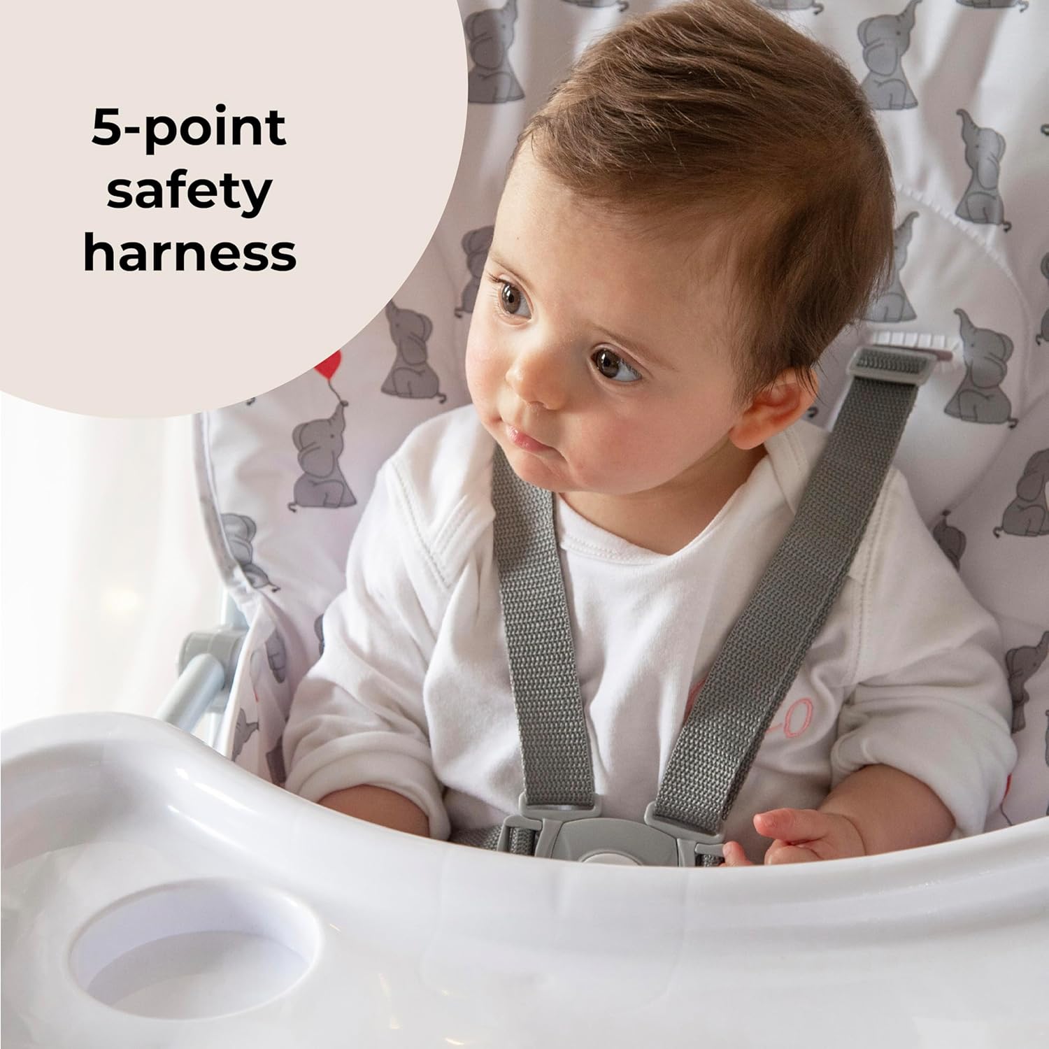 My Babiie MBHC1 Compact Highchair – Ultra Lightweight (5kg), Foldable, Easy Clean, Padded Seat, Footrest, Tray Cup Holder, for Toddler, from 6 Months to 3 Years (15kg) – Elephants