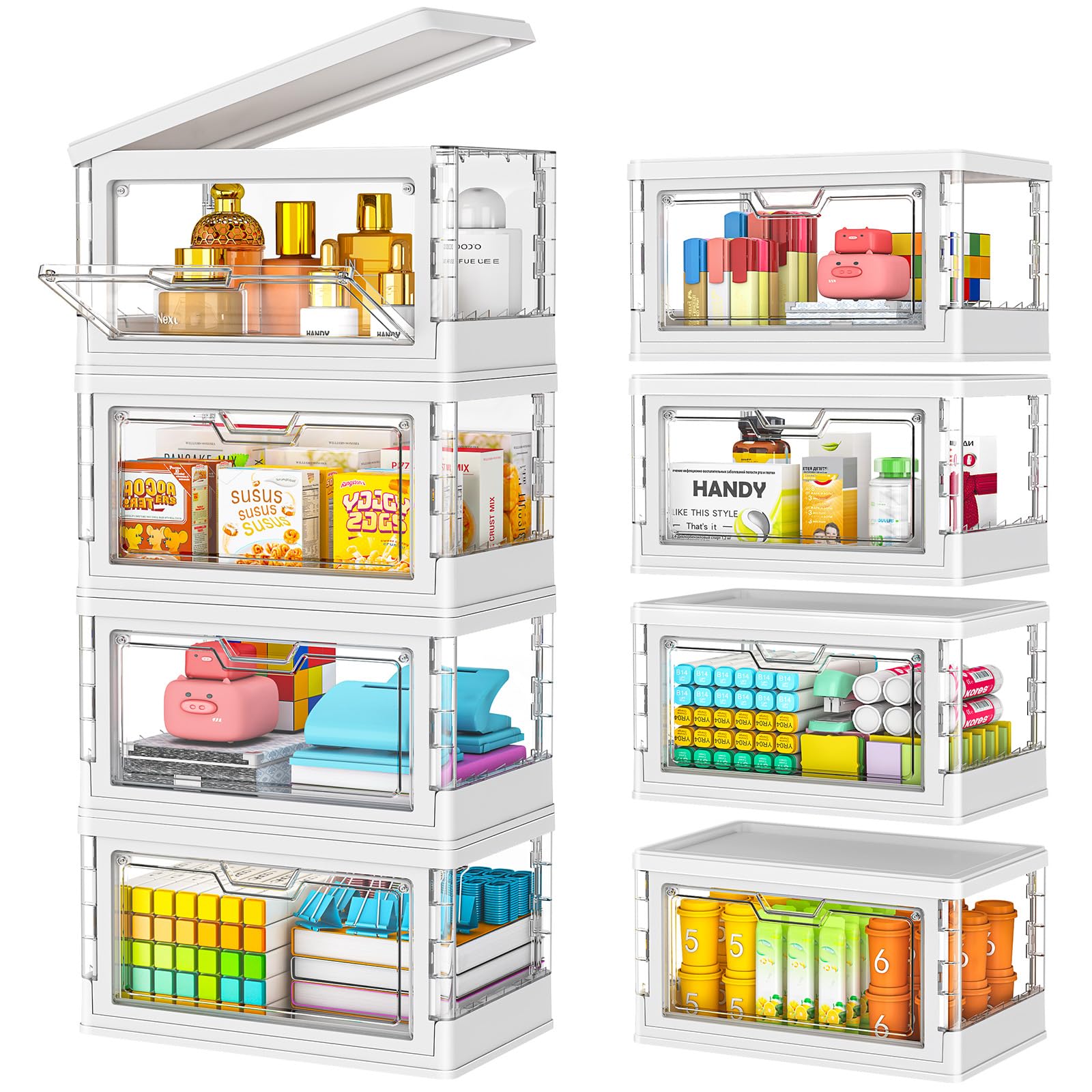 【Latest Model】 4 Pack Mini Stackable Storage Boxes with Lid Multifunctional & Foldable Storage Box for Crafts, Snacks, Stationery and Desk Supplies, Ideal for Desk Organiser Clear Organizer Boxes