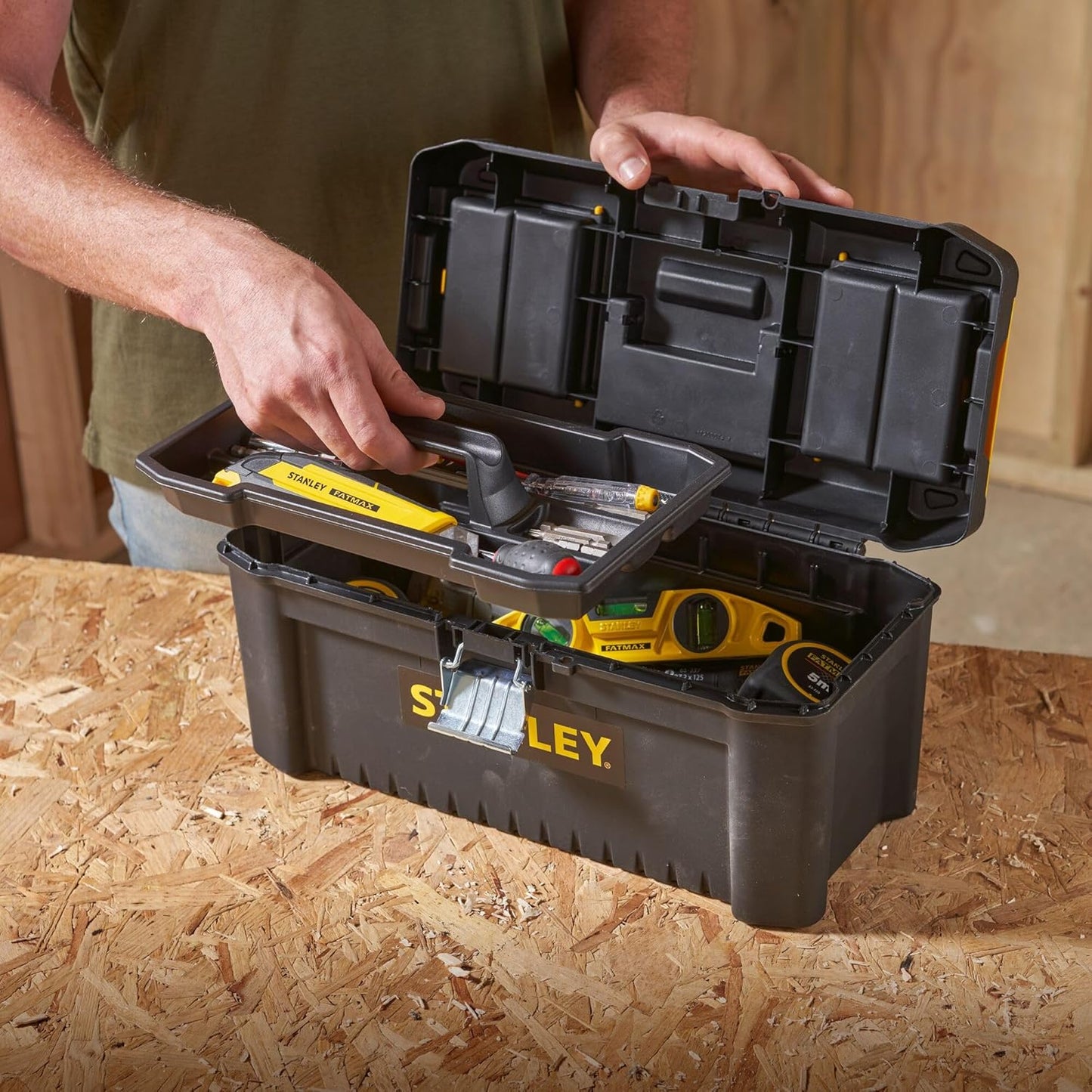 STANLEY Essential Tool Box (16in), Durable Storage Solution with Removable Tote Tray and Organisers, for Parts and Tools Storage, STST1-75518