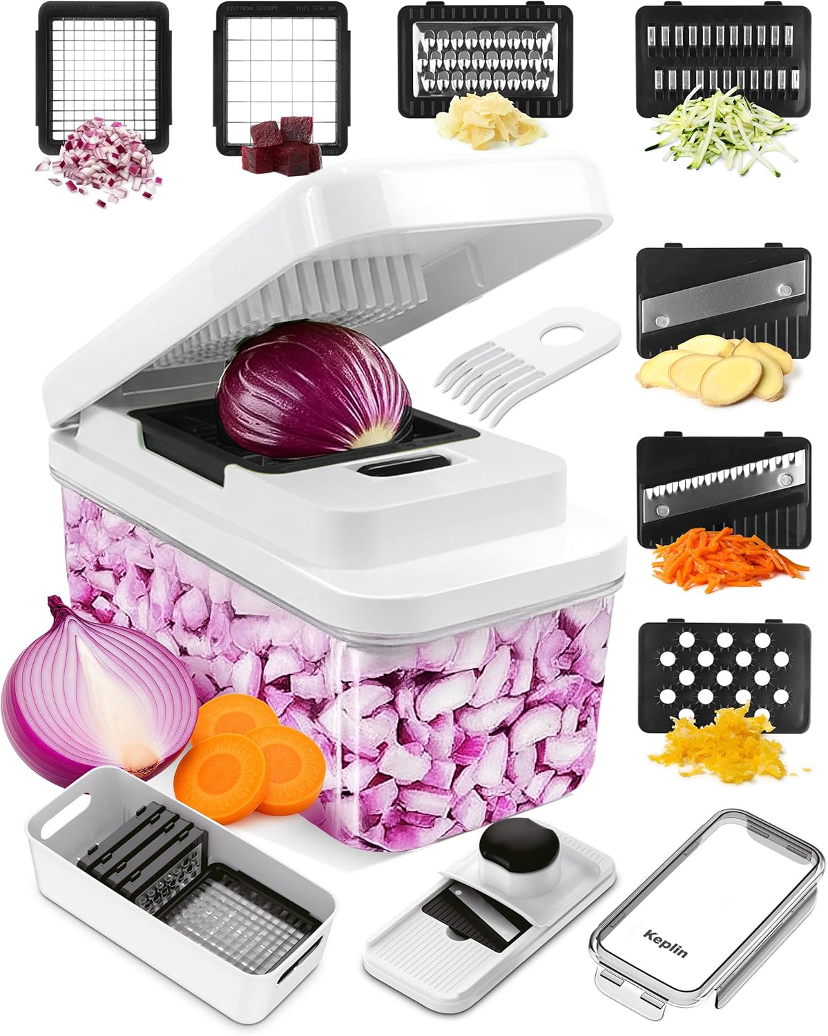 Keplin - 7-in-1 Vegetable Chopper with Container - Multi-Functional Slicer, Dicer & Grater - BPA Free, Dishwasher Safe, Non-Slip Base, Food-Grade ABS & Stainless Steel Blades