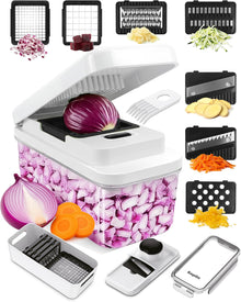 Keplin - 7-in-1 Vegetable Chopper with Container - Multi-Functional Slicer, Dicer & Grater - BPA Free, Dishwasher Safe, Non-Slip Base, Food-Grade ABS & Stainless Steel Blades