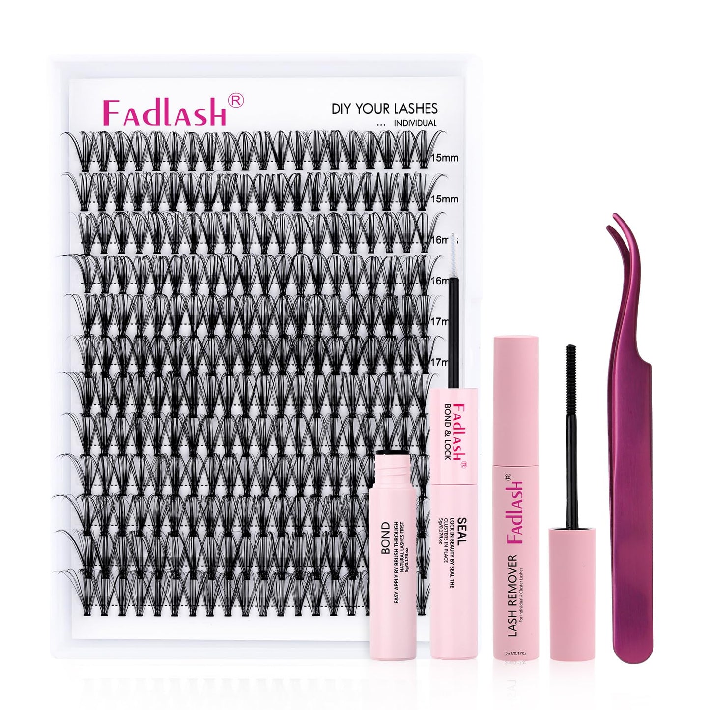 FADLASH DIY Lash Extension Kit Individual Lashes Clusters30P+40P D Curl 8-16mm Lash Bond and Seal, Clusters Lash Glue Remover and Eyelash Tweezers for Eyelash Extensions