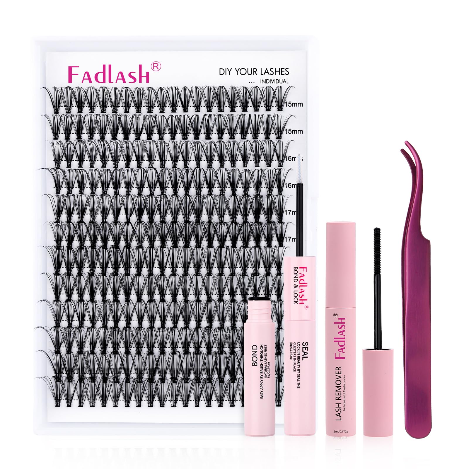 FADLASH DIY Lash Extension Kit Individual Lashes Clusters30P+40P D Curl 8-16mm Lash Bond and Seal, Clusters Lash Glue Remover and Eyelash Tweezers for Eyelash Extensions