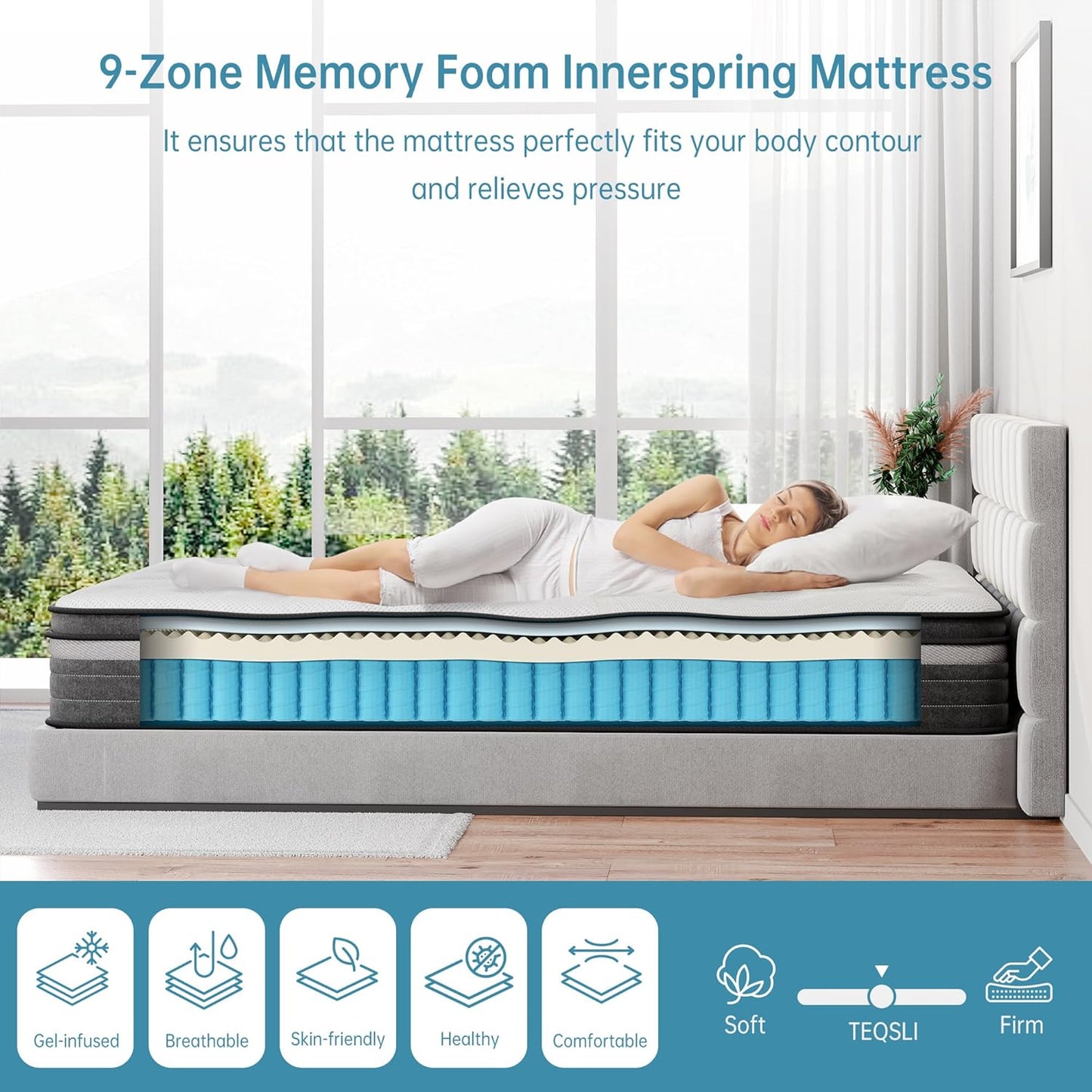 TeQsli Gel Individually Pocket Sprung Double Mattress 4FT6 with Breathable Soft Fabric, 10 Inch Hybrid Mattress Double for Pressure & Back Pain Relief, Medium Firm Mattress in a Box 135x190x25cm