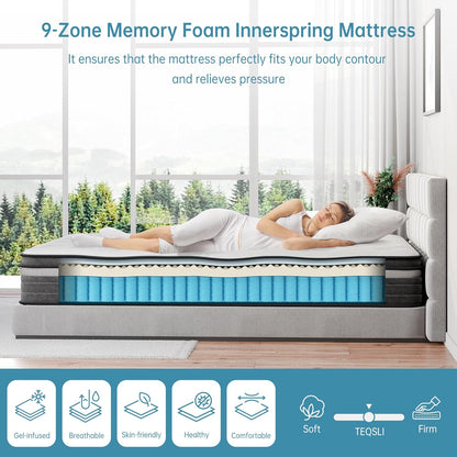 TeQsli Gel Individually Pocket Sprung Double Mattress 4FT6 with Breathable Soft Fabric, 10 Inch Hybrid Mattress Double for Pressure & Back Pain Relief, Medium Firm Mattress in a Box 135x190x25cm