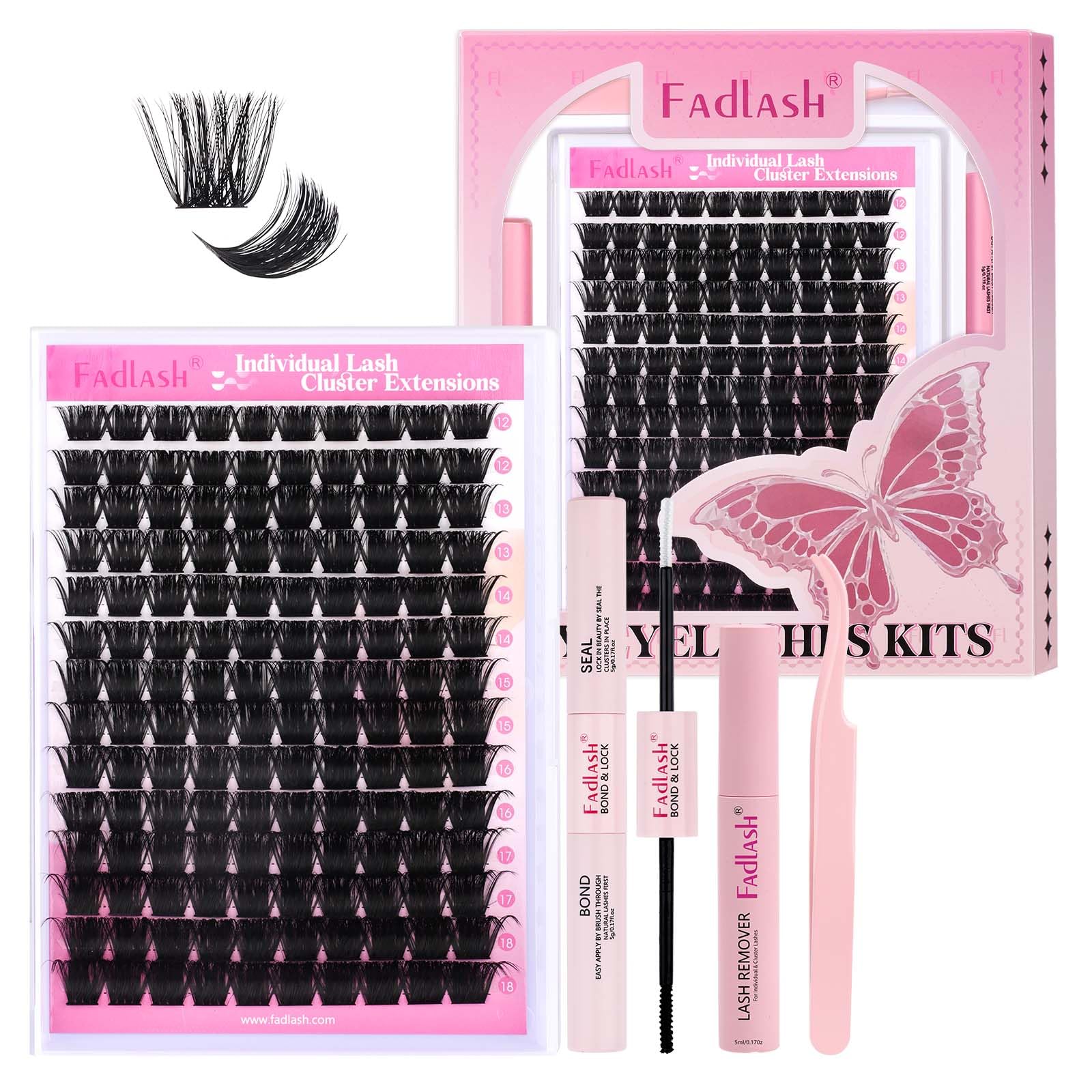 FADLASH DIY Lash Extension Kit Individual Lashes Clusters30P+40P D Curl 8-16mm Lash Bond and Seal, Clusters Lash Glue Remover and Eyelash Tweezers for Eyelash Extensions