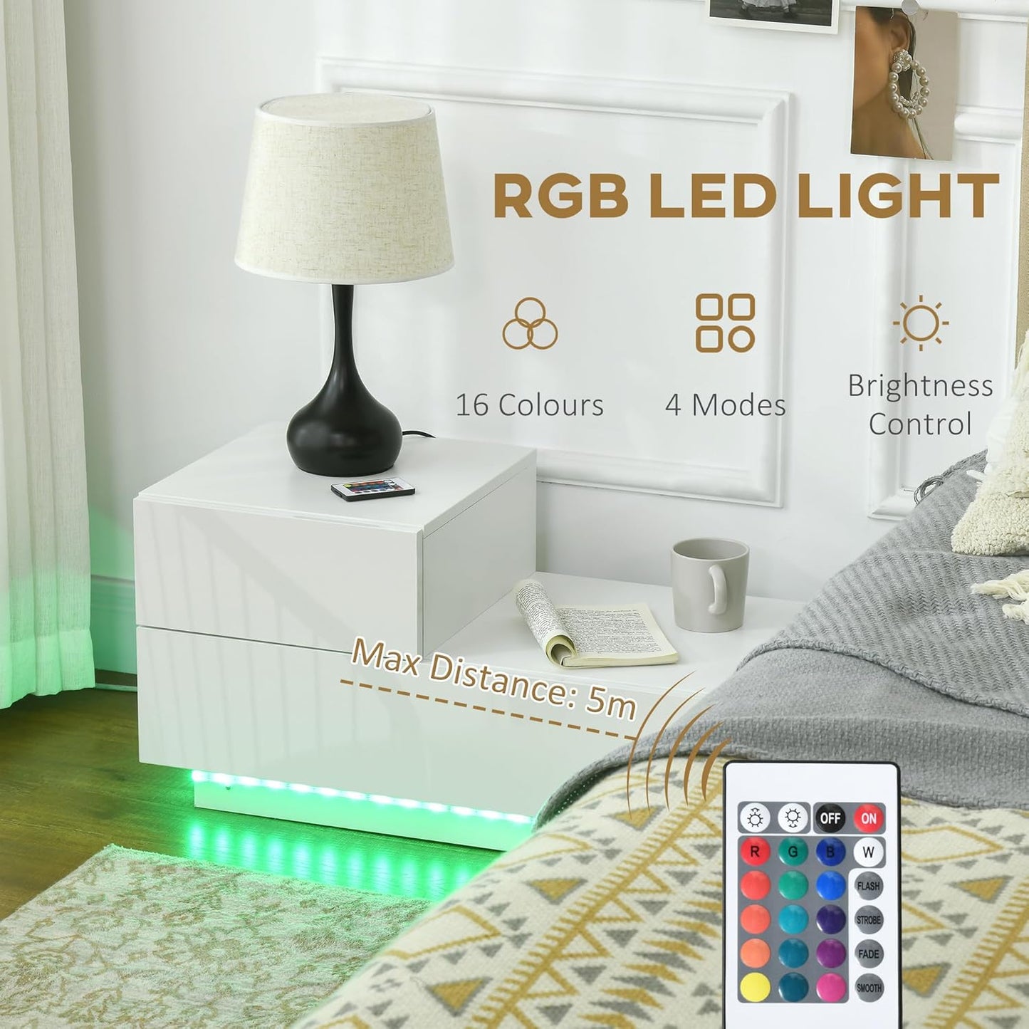 HOMCOM Bedside Table with LED Light, Nightstand with 2 Drawers and High Gloss Front, USB Powered Side Table with Remote for Bedroom, Living Room, White
