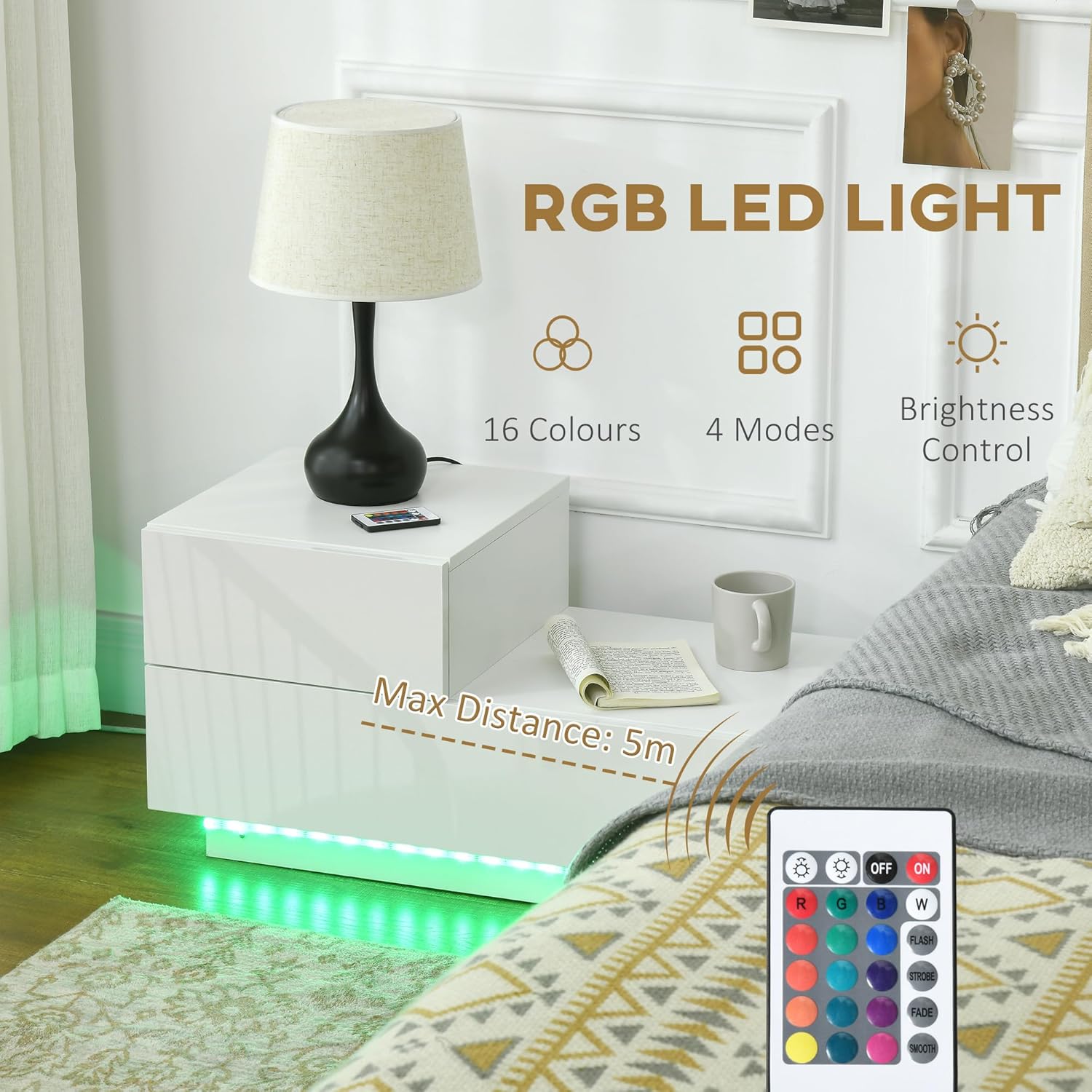 HOMCOM Bedside Table with LED Light, Nightstand with 2 Drawers and High Gloss Front, USB Powered Side Table with Remote for Bedroom, Living Room, White