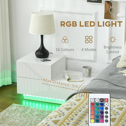 HOMCOM Bedside Table with LED Light, Nightstand with 2 Drawers and High Gloss Front, USB Powered Side Table with Remote for Bedroom, Living Room, White