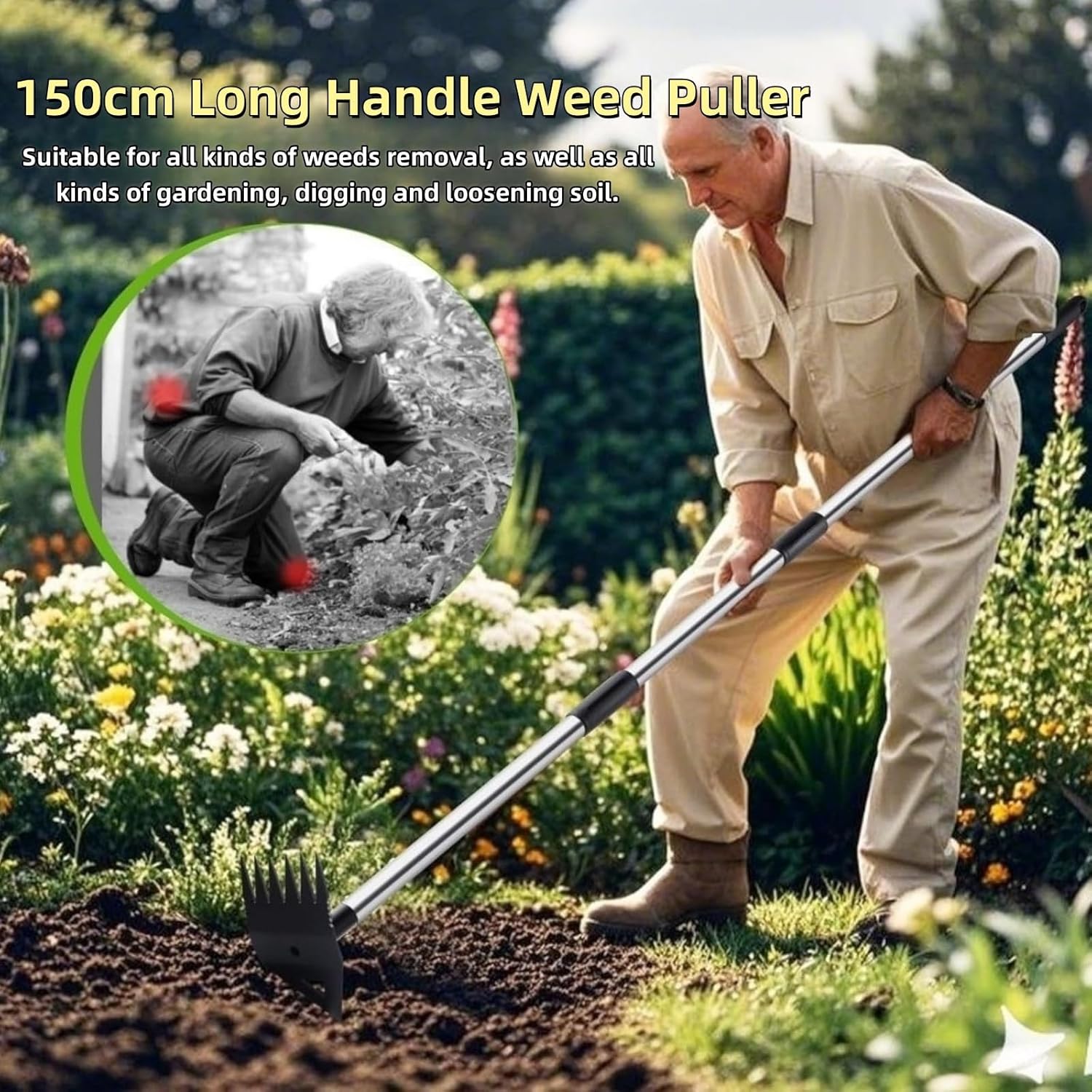 Weed Puller Tool with Long Handle, 2 in 1 Manual Weed Rake and Garden Hoe 150cm Weed Remover Gardening Tools Weeding Pull for Garden Yard Lawn Patio Kids Adluts (F)