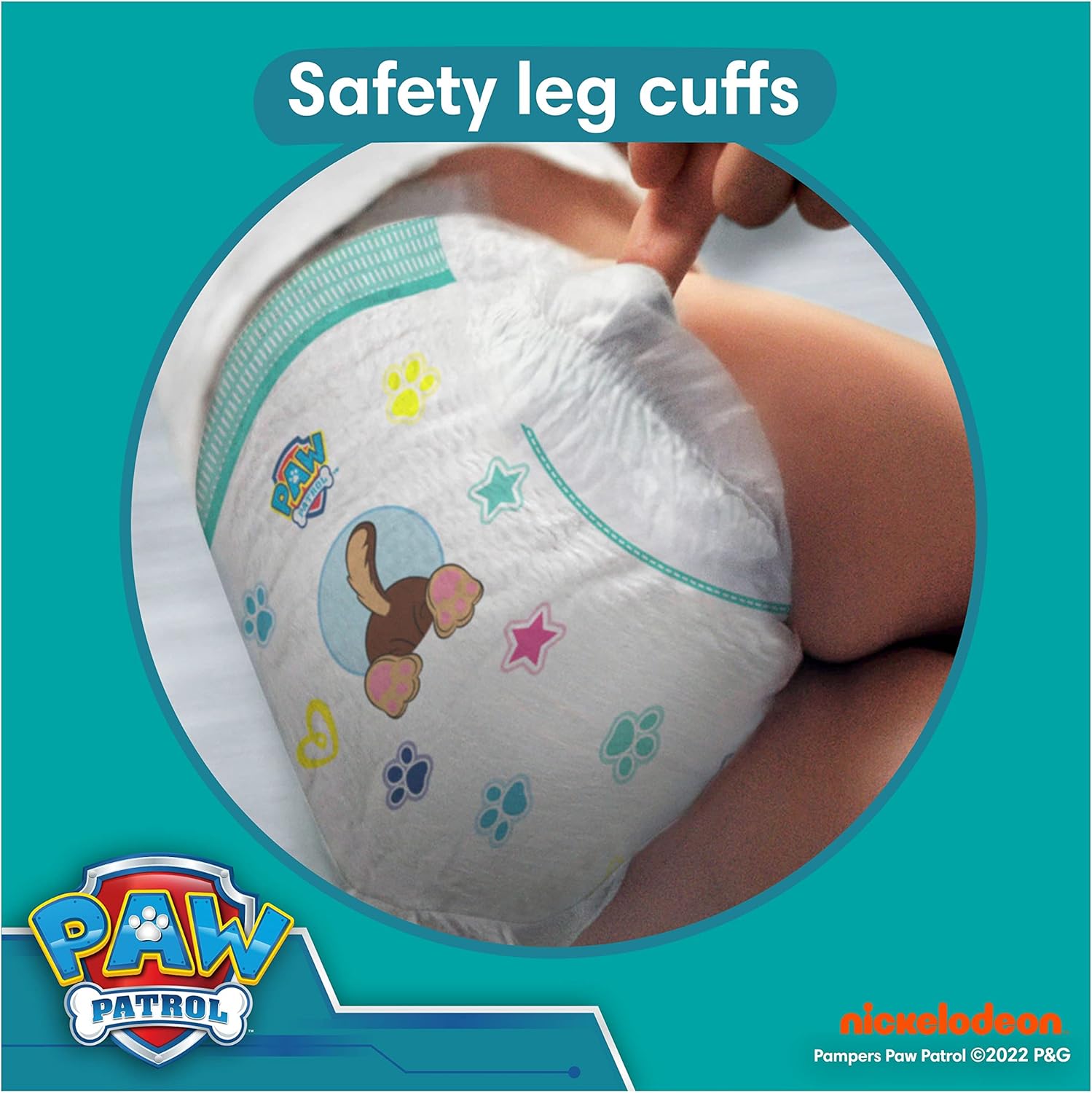 Pampers Baby-Dry Paw Patrol Edition Size 4, 222 Nappies, 9kg - 14kg, Monthly Pack, with A Stop & Protect Pocket to Help Prevent Leaks at The Back