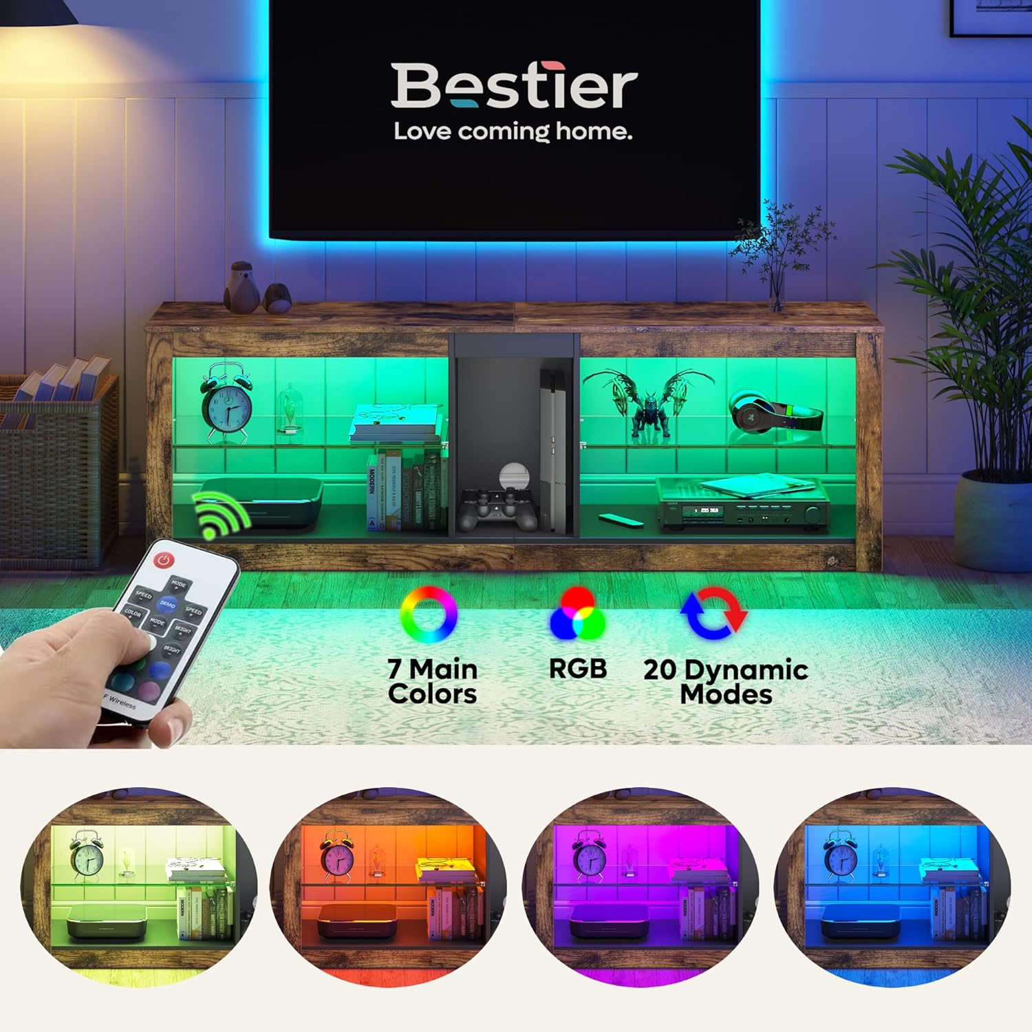 Bestier TV Stand Cabinet 140CM Entertainment Center Led Tv Stand Modern TV Unit with Glass Shelf RGB LED Lighted for 65 inch TVs with Ambient Lights for Living Room Bedroom (Rustic Brown)