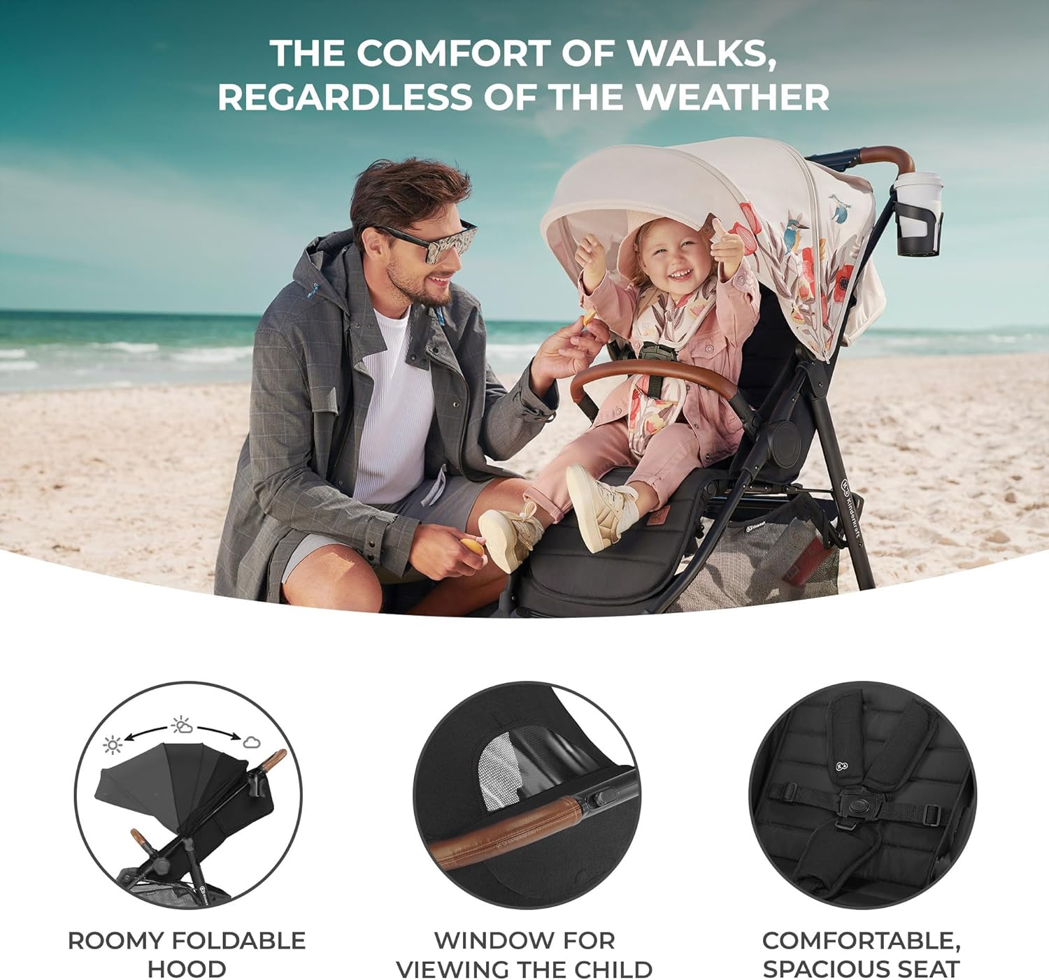 Kinderkraft GRANDE PLUS Stroller pushchair for toddlers from Birth to 22 kg, Extra-large hood, Lie-flat position, Folding with one hand, Shock absorption on all wheels, Black