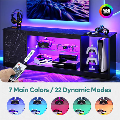 Bestier 145 CM LED TV Stand for 55/60 / 65 Inch TVs Gaming Entertainment Center with Cabinet for PS5 Modern TV Cabinet with Adjustable Glass Shelves for Living Room Bedroom