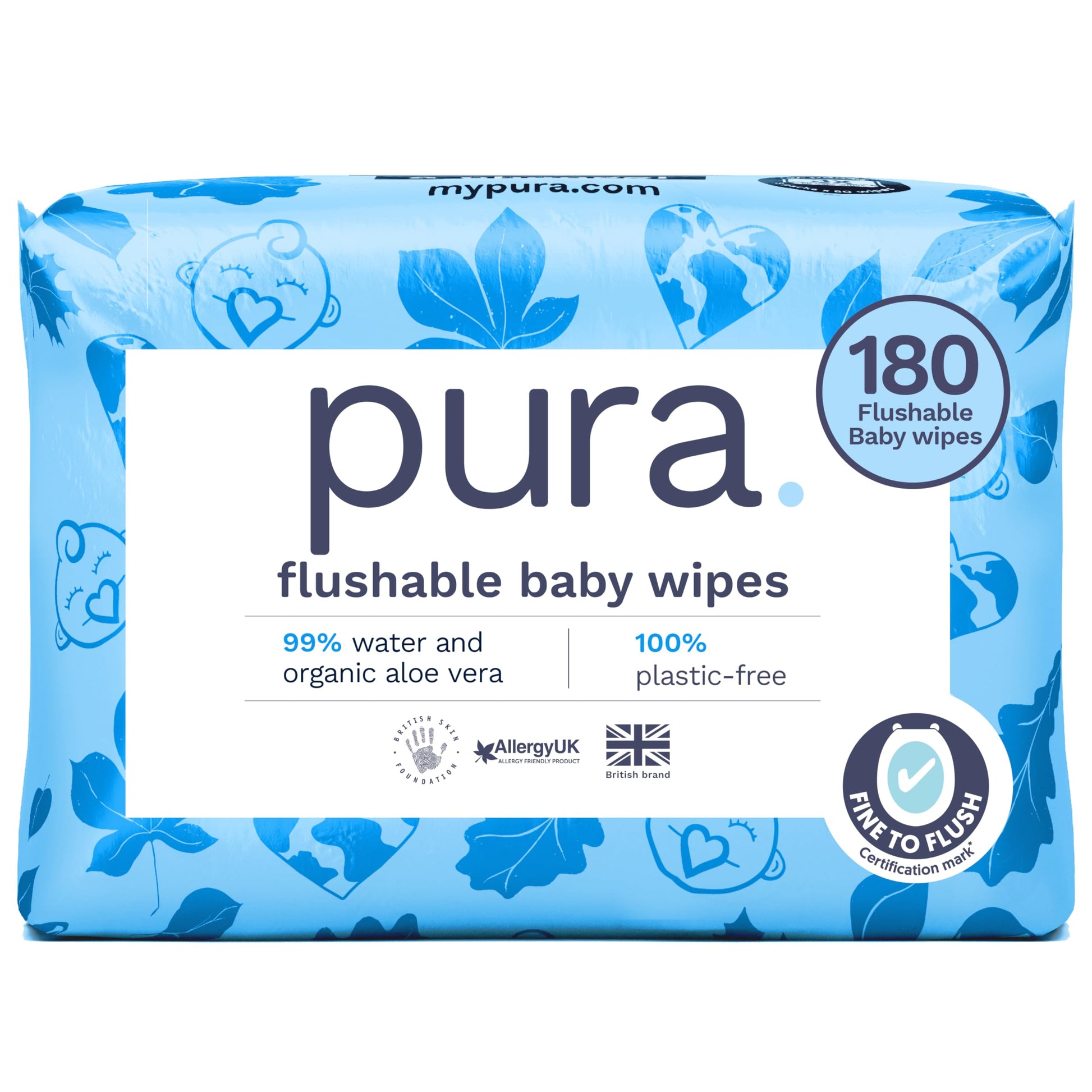 Pura Eco Flushable Baby Wipes - 1 Pack (60 Wipes) 100% Plastic Free, 99% Water, Suitable for Sensitive, Eczema Prone Skin, Newborn Baby & Toddlers, Biodegradable, Vegan, Potty Training