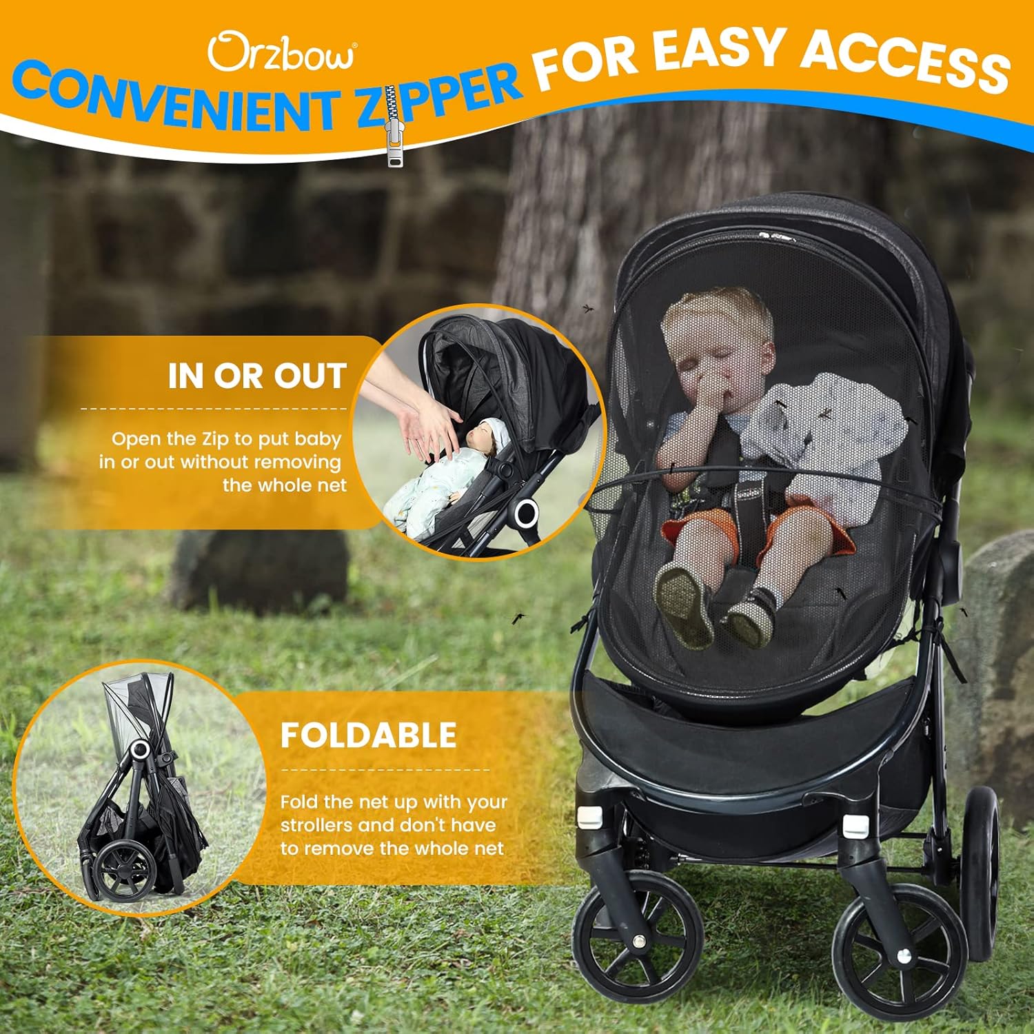 Orzbow Universal Baby Mosquito Net & Buggy Sun Shade with UPF50+,Breathable Pram Net Cover with Two-way Zipper & Adjustable Stroller Sun Cover with Bag for Pushchair,Car Seat & Carrycot (Black)