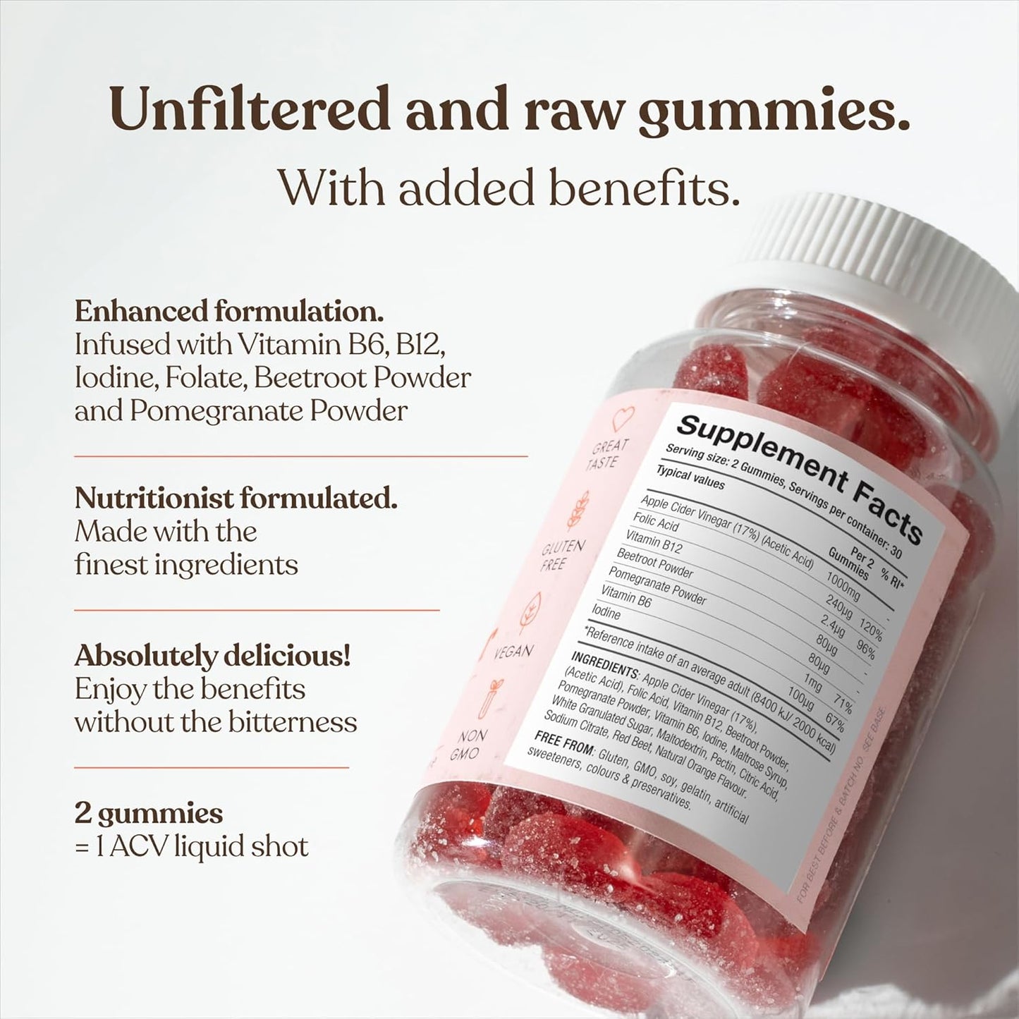 Apple Cider Vinegar Gummies with The Mother 1000mg | Enhanced with Vitamin B12 & Folic Acid | 60 Vegan ACV Capsules with Pomegranate & Beetroot Powder | Natural Ingredients by Free Soul