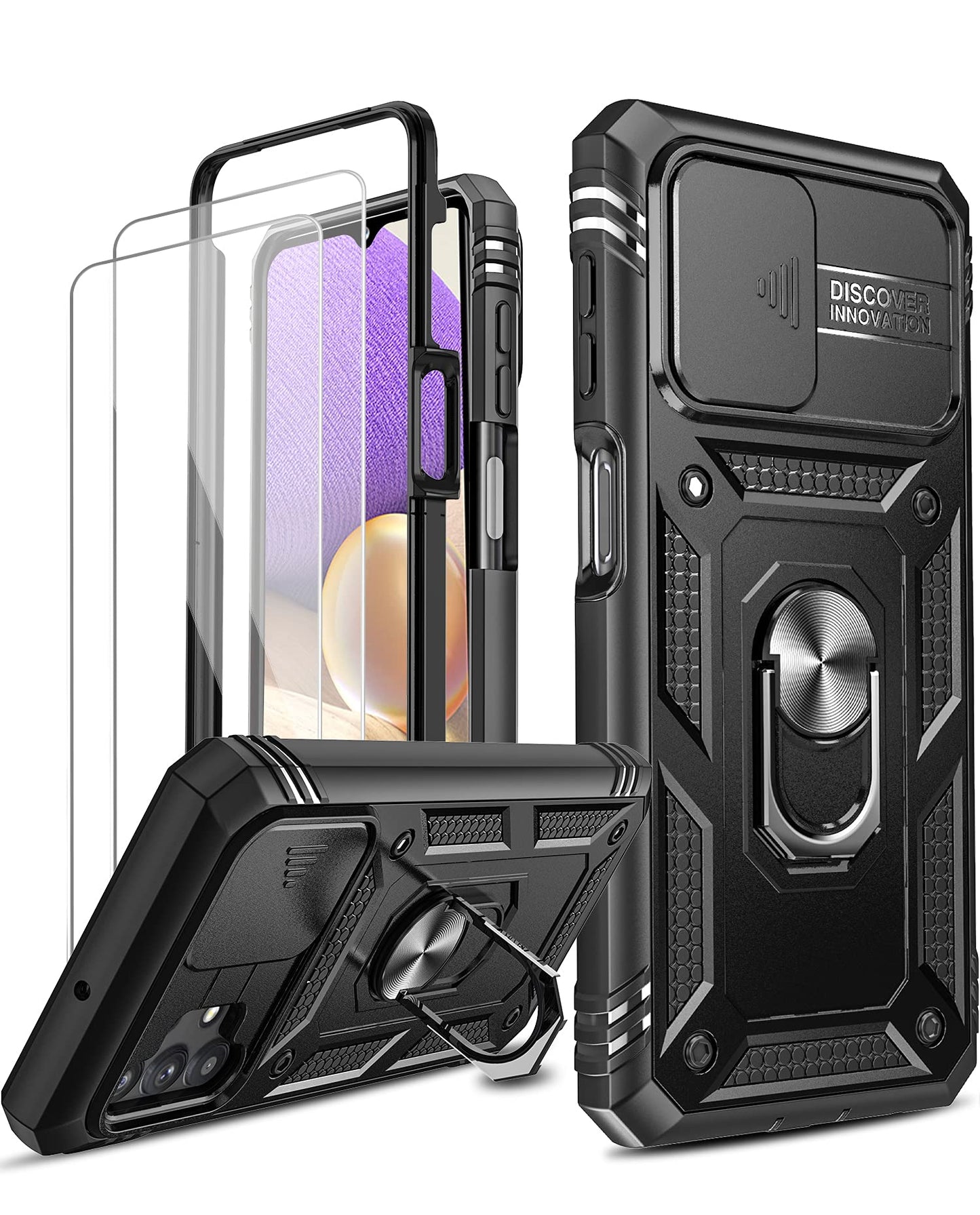 LeYi for Samsung Galaxy A32 5G Case and 2 Tempered Glass Screen Protector with Slide Camera Cover, Ring Holder Full Body Protective Heavy Duty Shockproof Silicone Tough Hard Armour Phone Case,Sea Blue