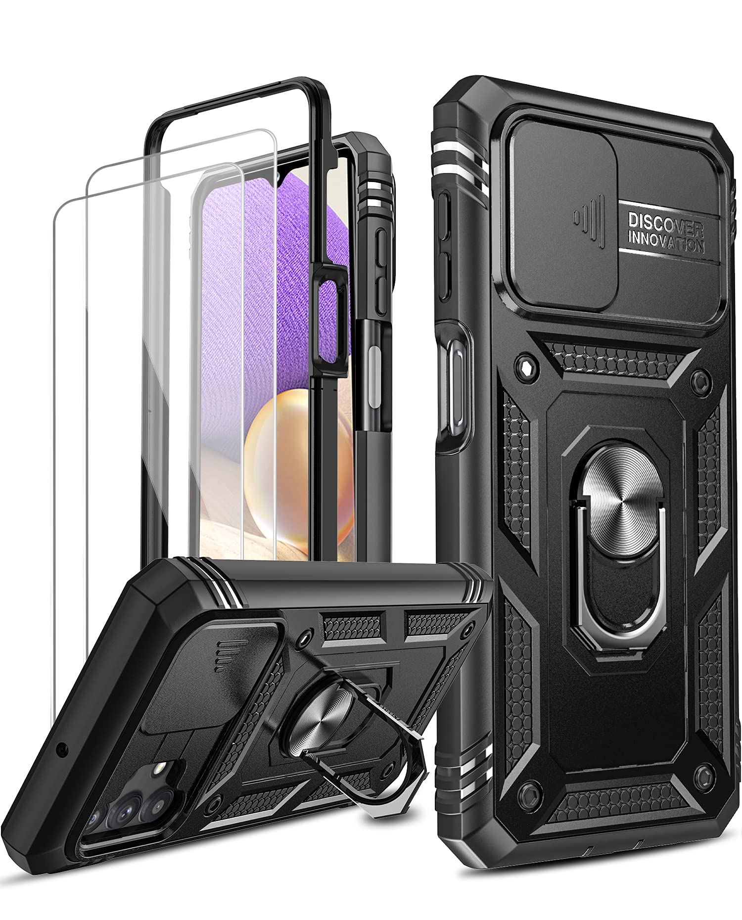 LeYi for Samsung Galaxy A32 5G Case and 2 Tempered Glass Screen Protector with Slide Camera Cover, Ring Holder Full Body Protective Heavy Duty Shockproof Silicone Tough Hard Armour Phone Case,Sea Blue