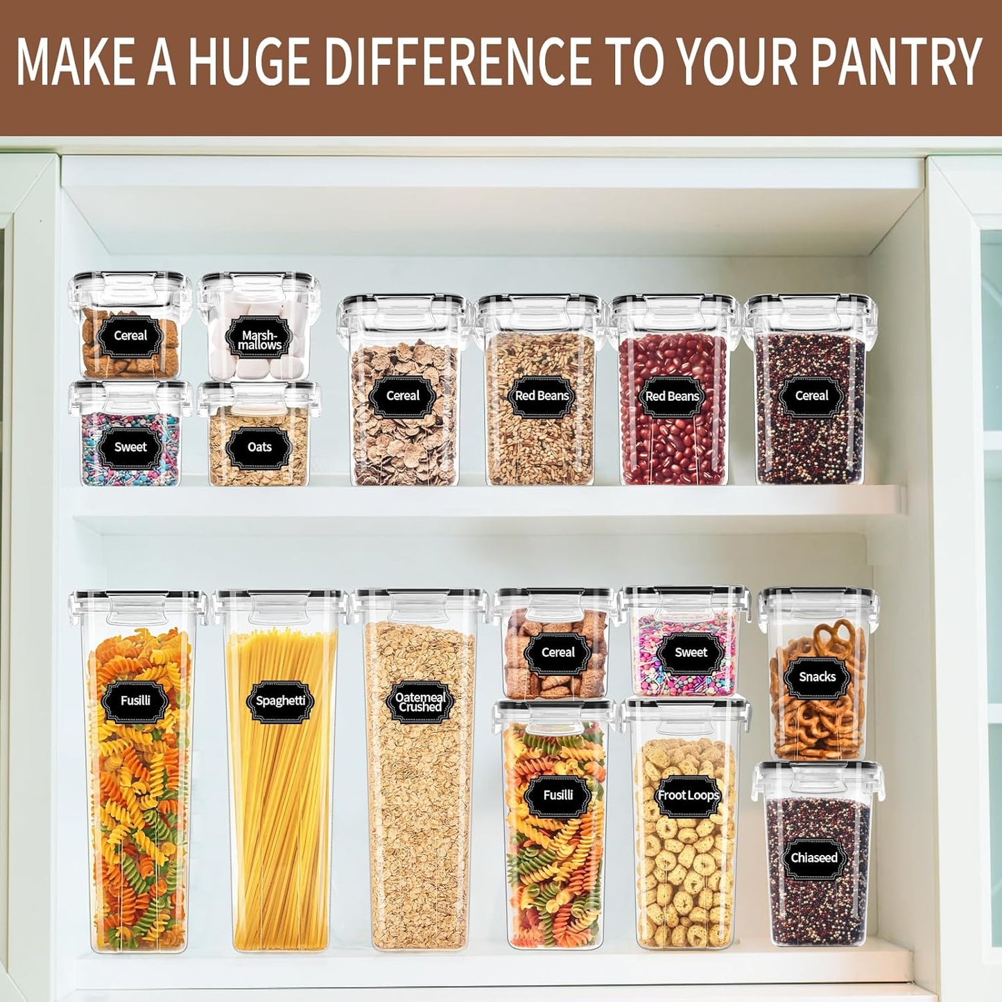 Skroam 36 Pack Airtight Food Storage Containers for Kitchen Pantry Organization and Storage, BPA Free, Plastic Kitchen Storage Containers with Lids for Flour, Sugar, and Cereal, Labels & Marker