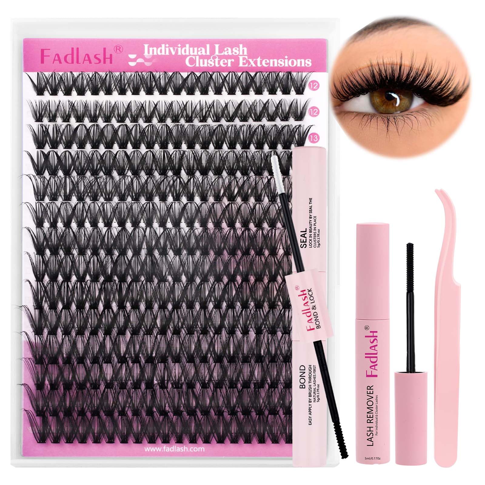 FADLASH DIY Lash Extension Kit Individual Lashes Clusters30P+40P D Curl 8-16mm Lash Bond and Seal, Clusters Lash Glue Remover and Eyelash Tweezers for Eyelash Extensions