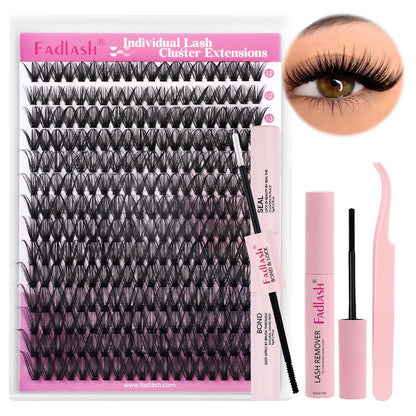 FADLASH DIY Lash Extension Kit Individual Lashes Clusters30P+40P D Curl 8-16mm Lash Bond and Seal, Clusters Lash Glue Remover and Eyelash Tweezers for Eyelash Extensions