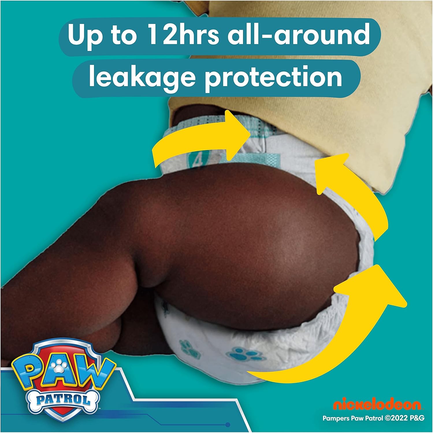 Pampers Baby-Dry Paw Patrol Edition Size 4, 222 Nappies, 9kg - 14kg, Monthly Pack, with A Stop & Protect Pocket to Help Prevent Leaks at The Back