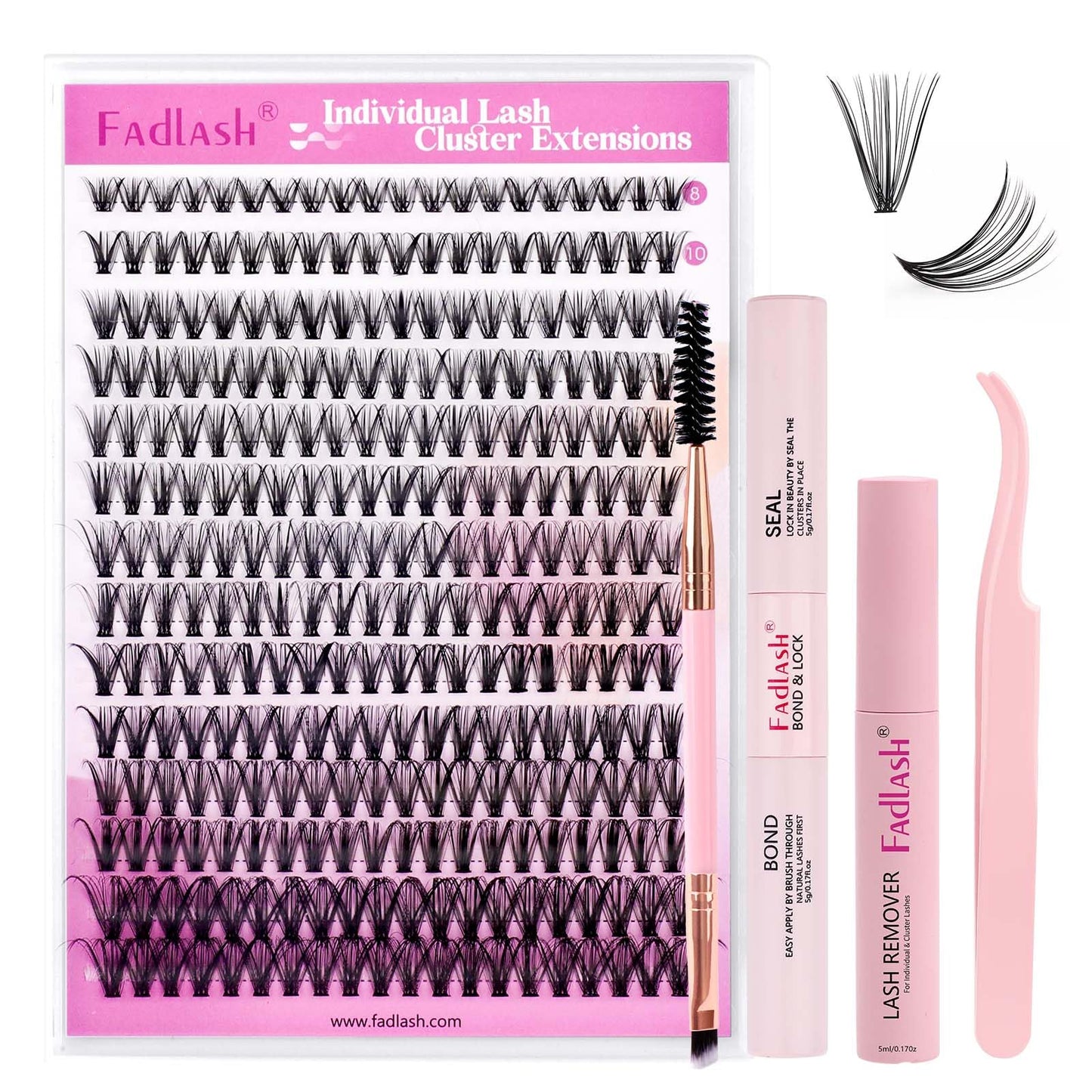 FADLASH DIY Lash Extension Kit Individual Lashes Clusters30P+40P D Curl 8-16mm Lash Bond and Seal, Clusters Lash Glue Remover and Eyelash Tweezers for Eyelash Extensions