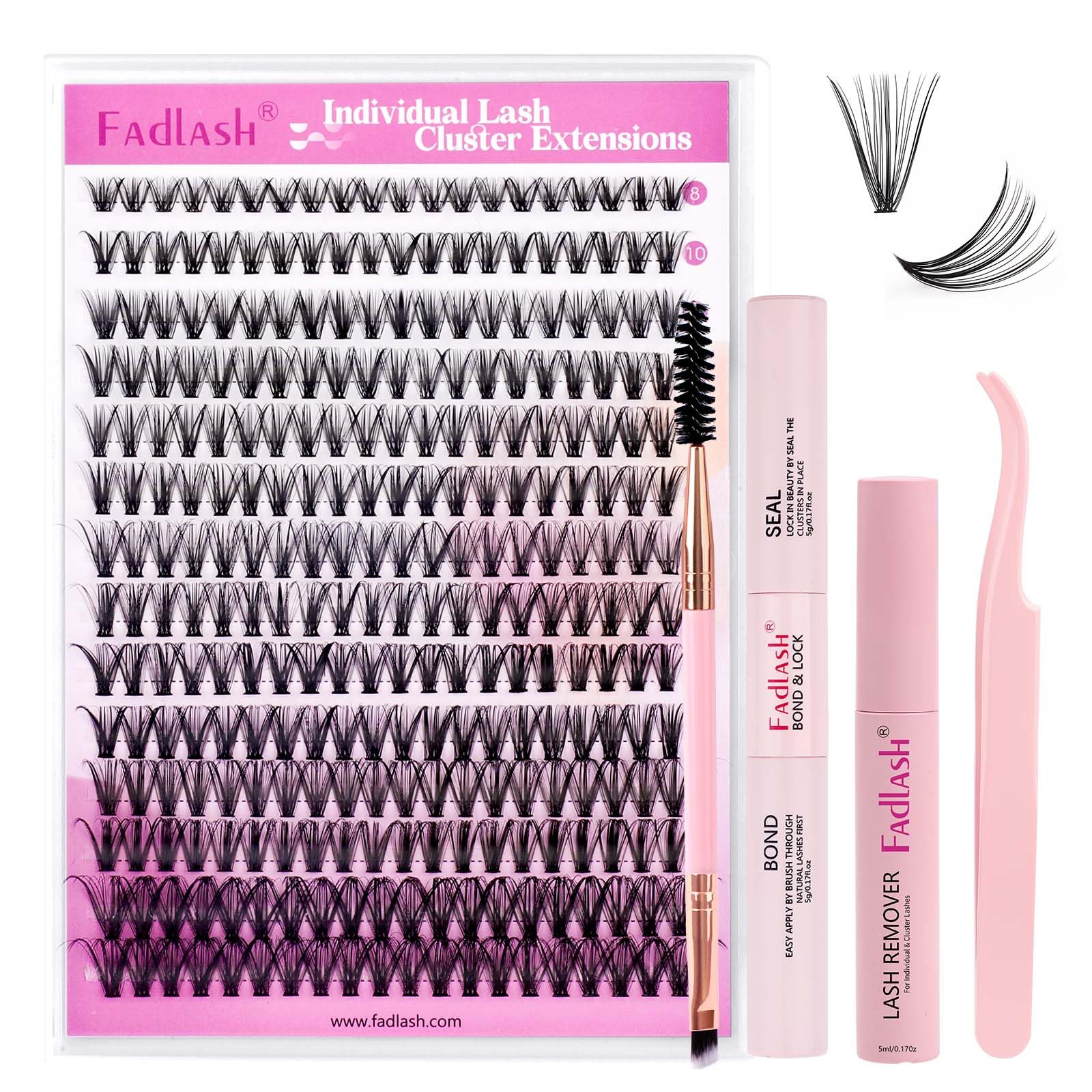 FADLASH DIY Lash Extension Kit Individual Lashes Clusters30P+40P D Curl 8-16mm Lash Bond and Seal, Clusters Lash Glue Remover and Eyelash Tweezers for Eyelash Extensions