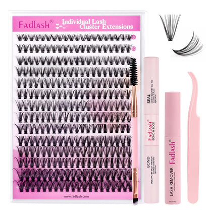 FADLASH DIY Lash Extension Kit Individual Lashes Clusters30P+40P D Curl 8-16mm Lash Bond and Seal, Clusters Lash Glue Remover and Eyelash Tweezers for Eyelash Extensions