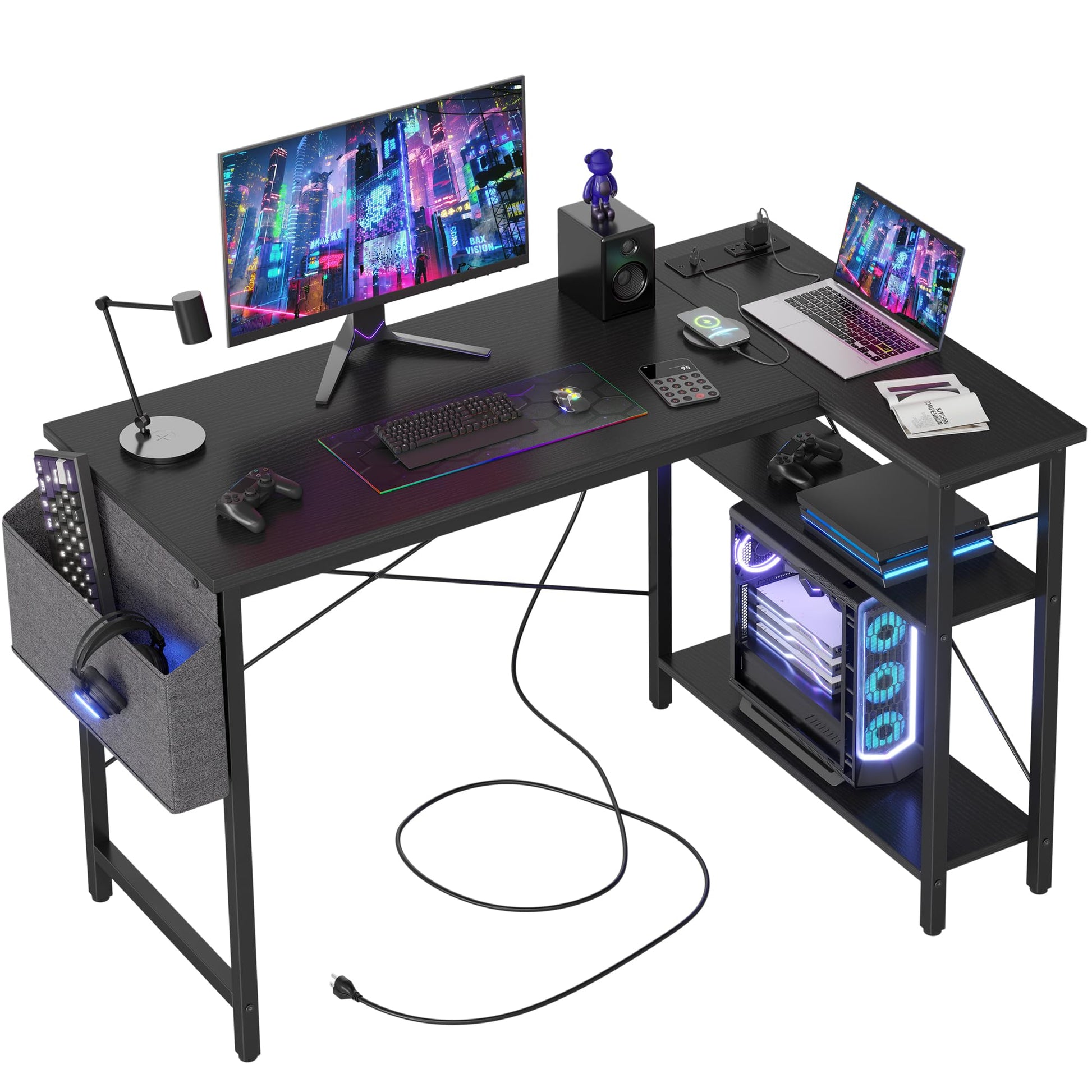 BEXEVUE L Shaped Gaming Desk with Power Outlets, 100x70 cm Computer Desk with Storage Bag, Office Desk Small Writing Table with Large Reversible Storage Shelves, Workstation Study Home Office, Black
